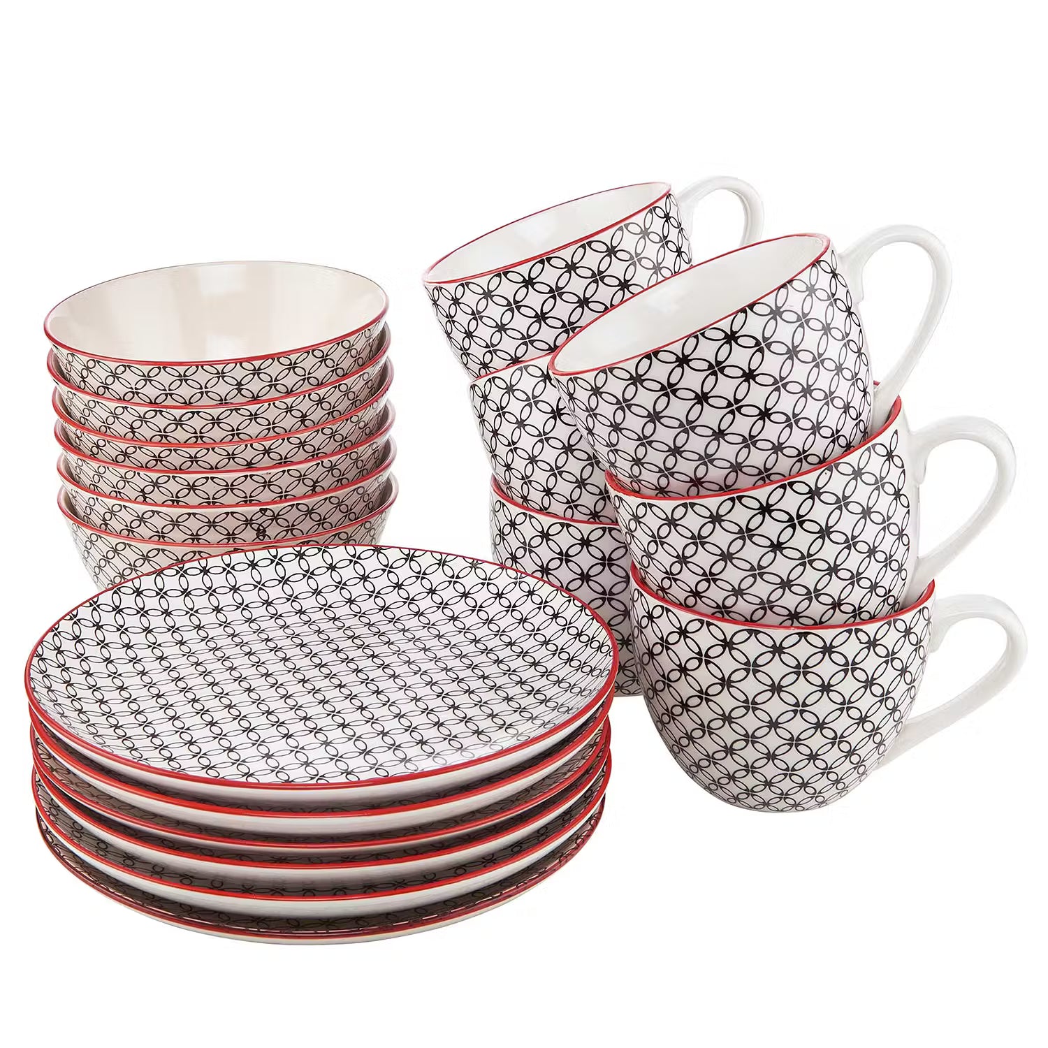RETRO Frühstücks-Set 18-tlg. - Porzellan - Weiß / Schwarz / Rot