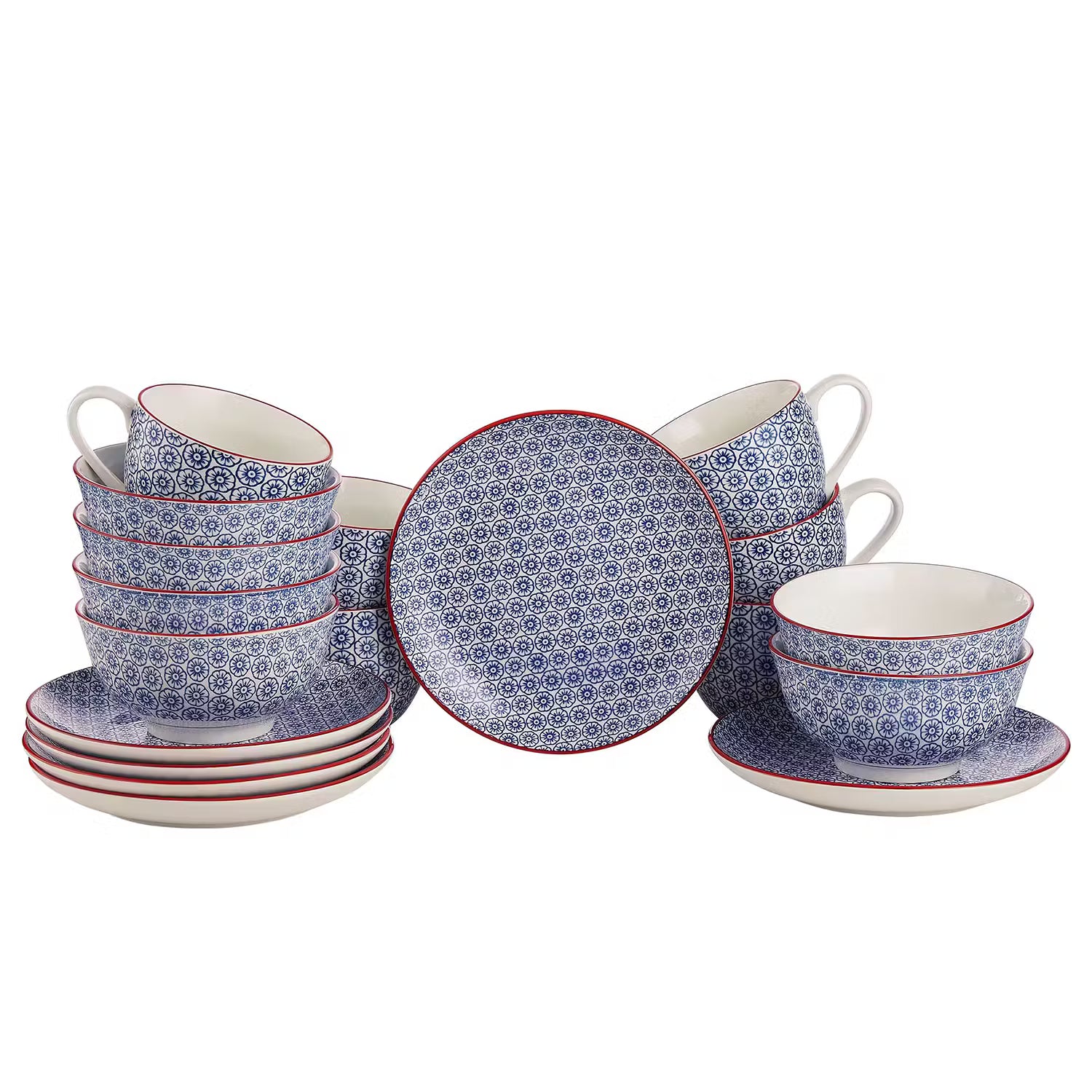 RETRO Frühstücks-Set 18-tlg. - Porzellan - Weiß / Blau / Rot