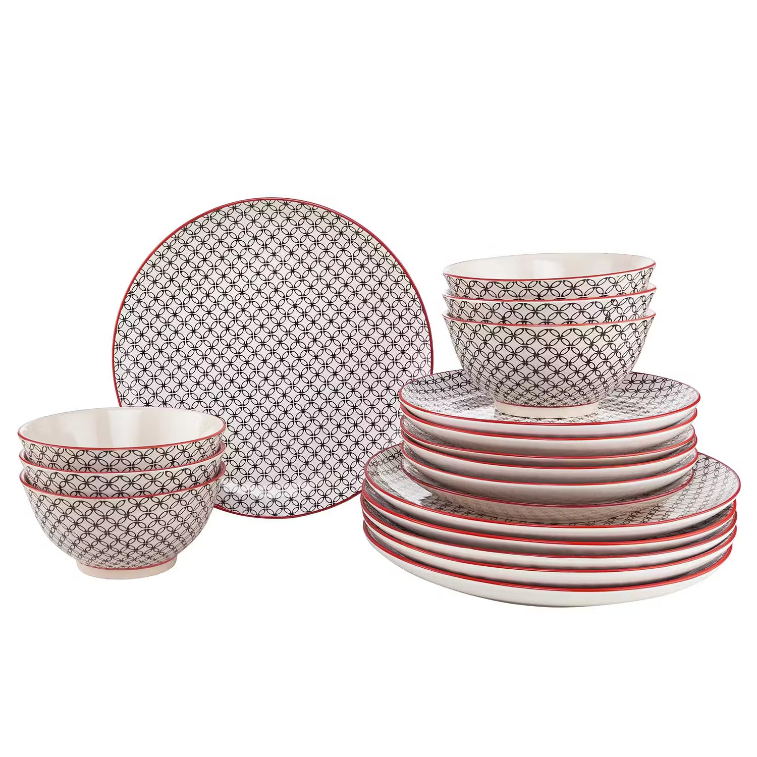 RETRO Dinner-Set 18-tlg. - Porzellan - Weiß / Schwarz / Rot