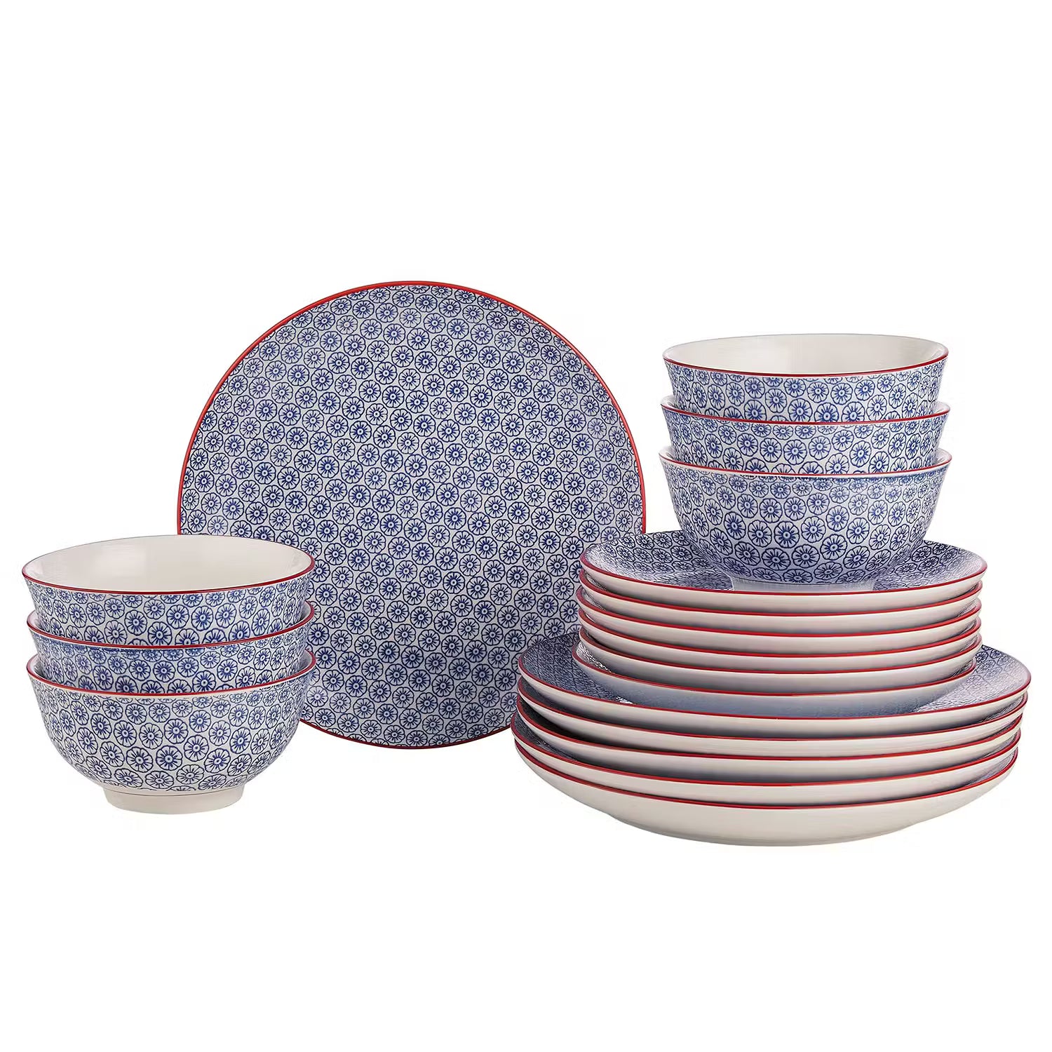 RETRO Dinner-Set 18-tlg. - Porzellan - Weiß / Blau / Rot