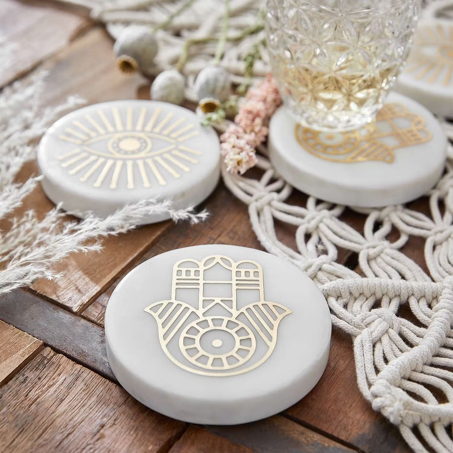 MARBLE Untersetzer 4er-Set - Messing / Mamor - Weiß / Gold