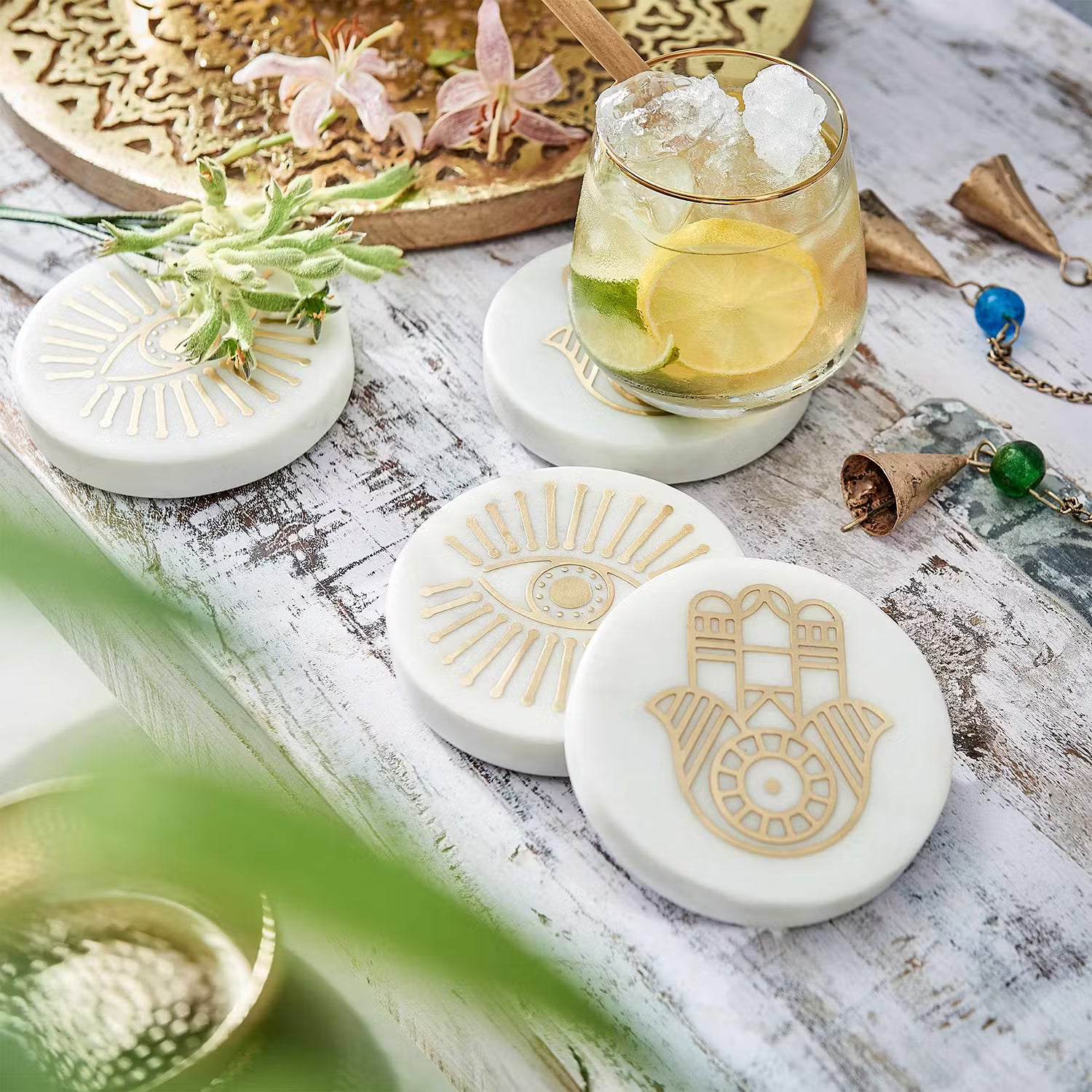 MARBLE Untersetzer 4er-Set - Messing / Mamor - Weiß / Gold