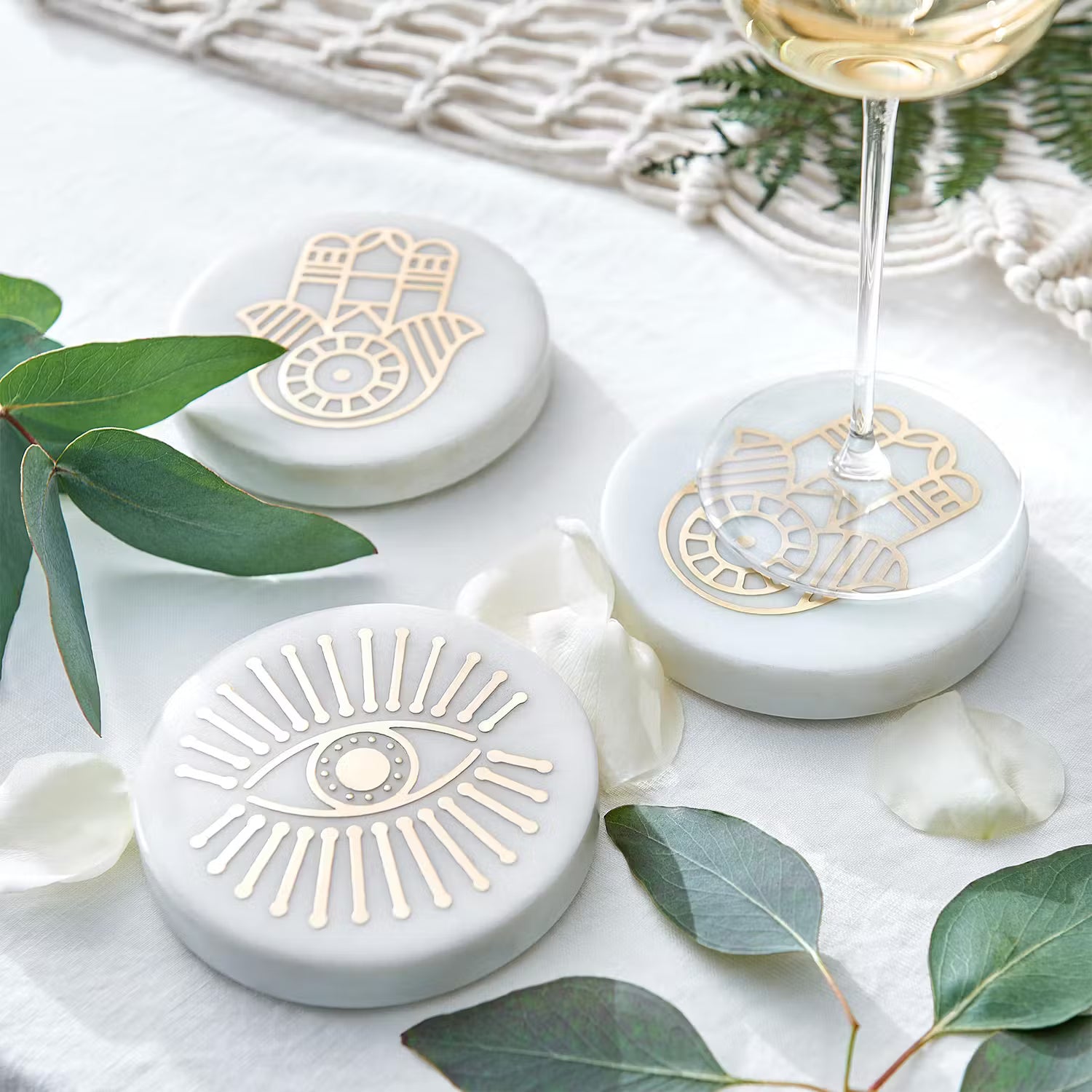 MARBLE Untersetzer 4er-Set - Messing / Mamor - Weiß / Gold