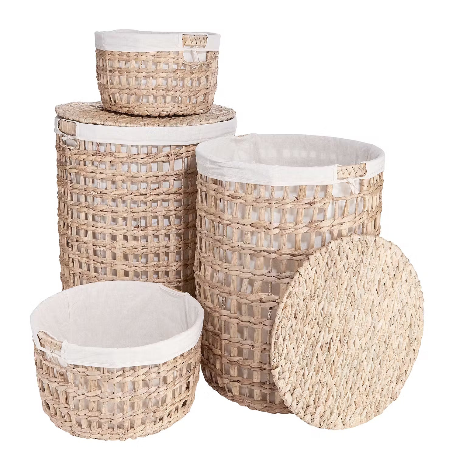 HONEY COMB Wäschekorb mit Wäschesack - Baumwolle / Eisen / Wasserhyazinthe - Natur / Creme - Durchmesser: 38 cm