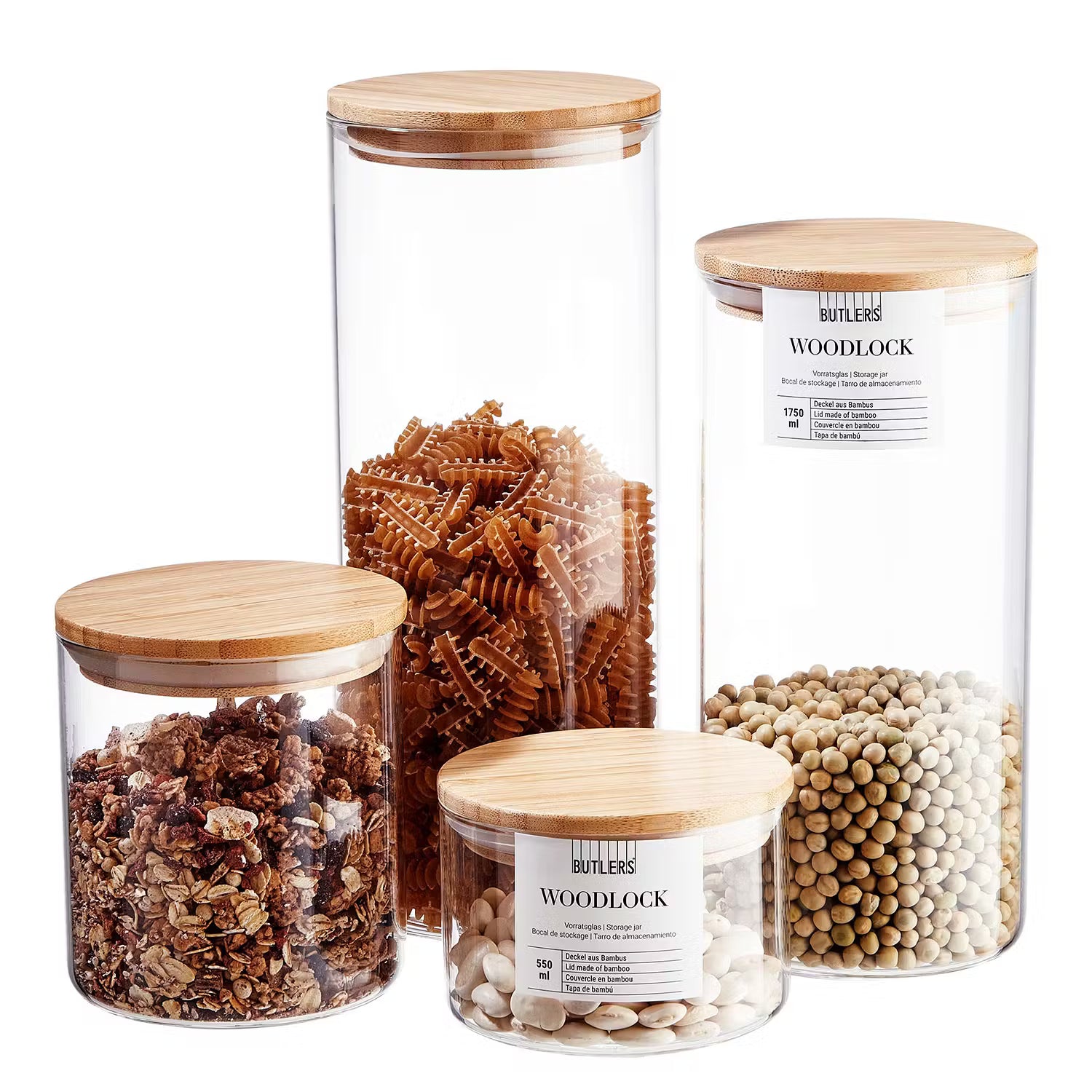 WOODLOCK Vorratsglas-Set 4-tlg. - Borosilikatglas / Bambus - Transparent