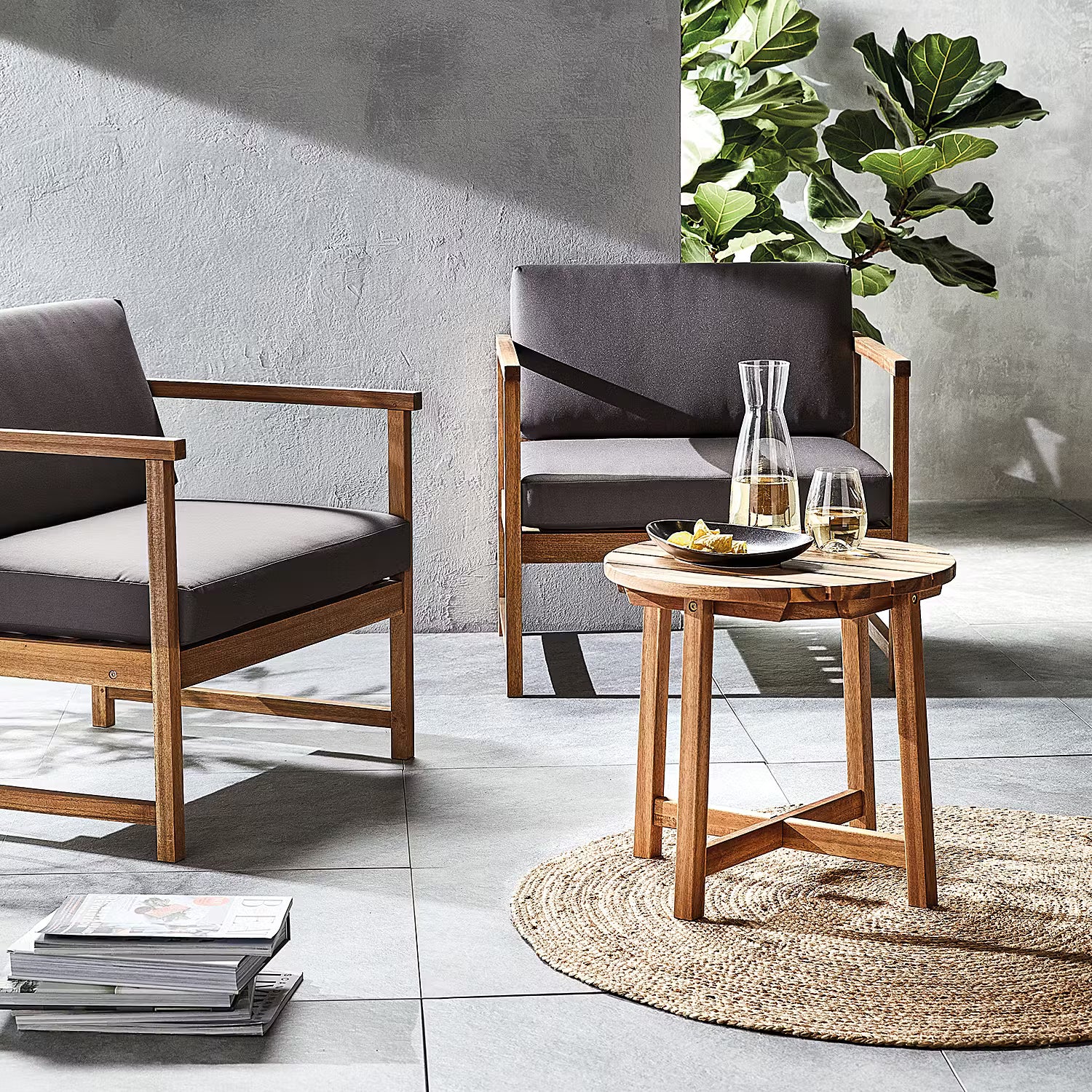 MIDTOWN Loungesessel - Akazie teilmassiv / Polyester - Natur / Grau