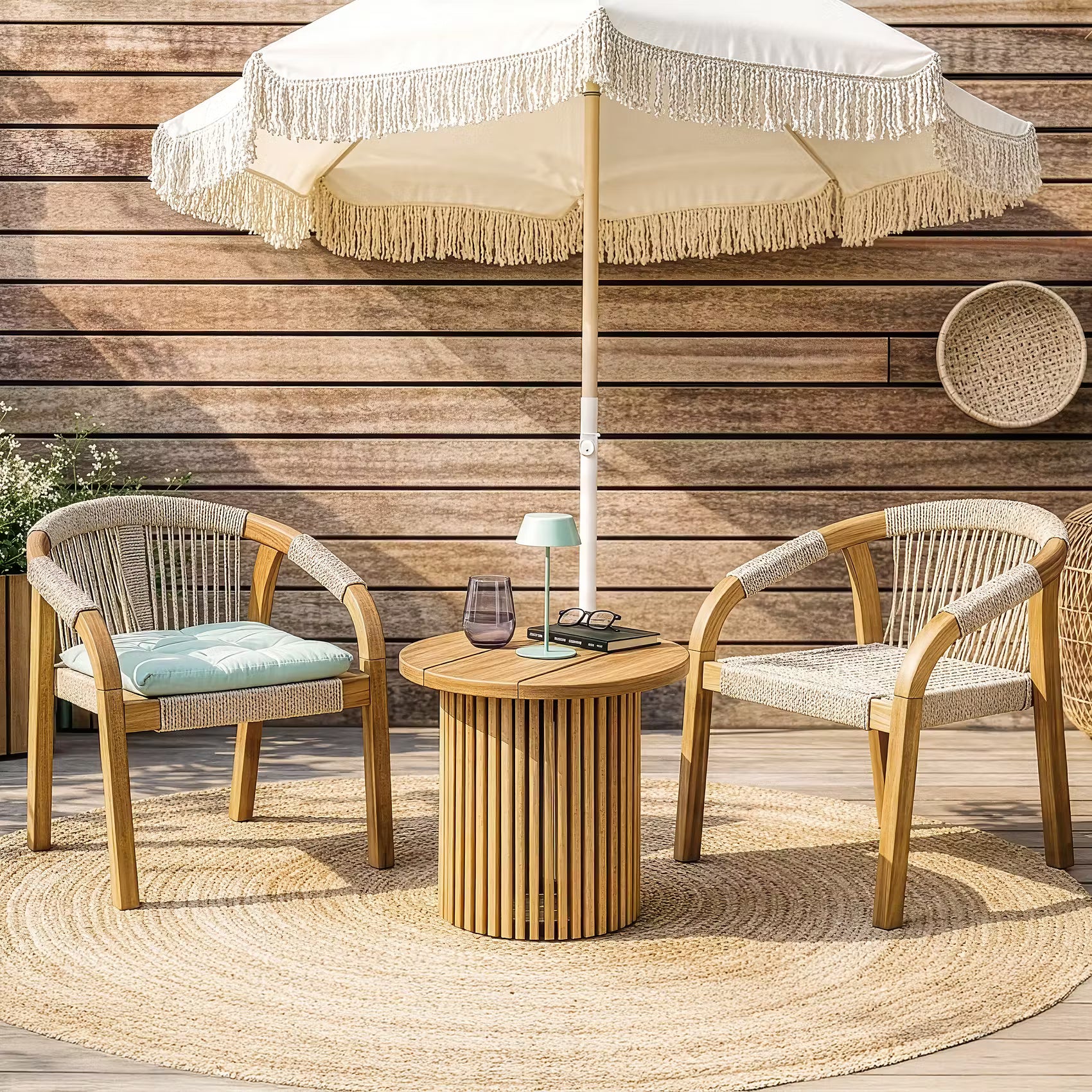 BOHO LOUNGE Strandschirm - Buche teilmassiv / Polyester - Creme - Beige