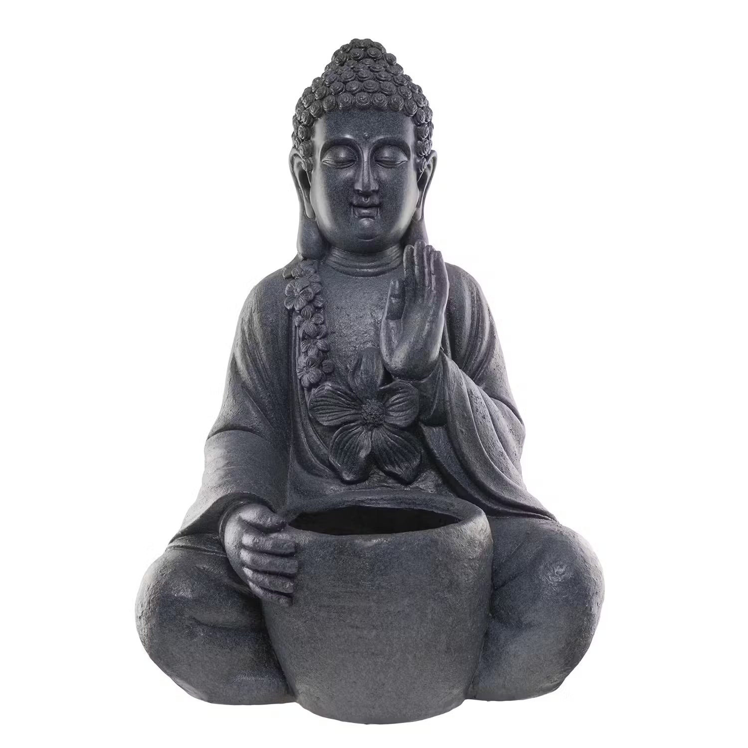 BUDDHA Statue mit Blumentopf - Magnesia - Dunkelgrau