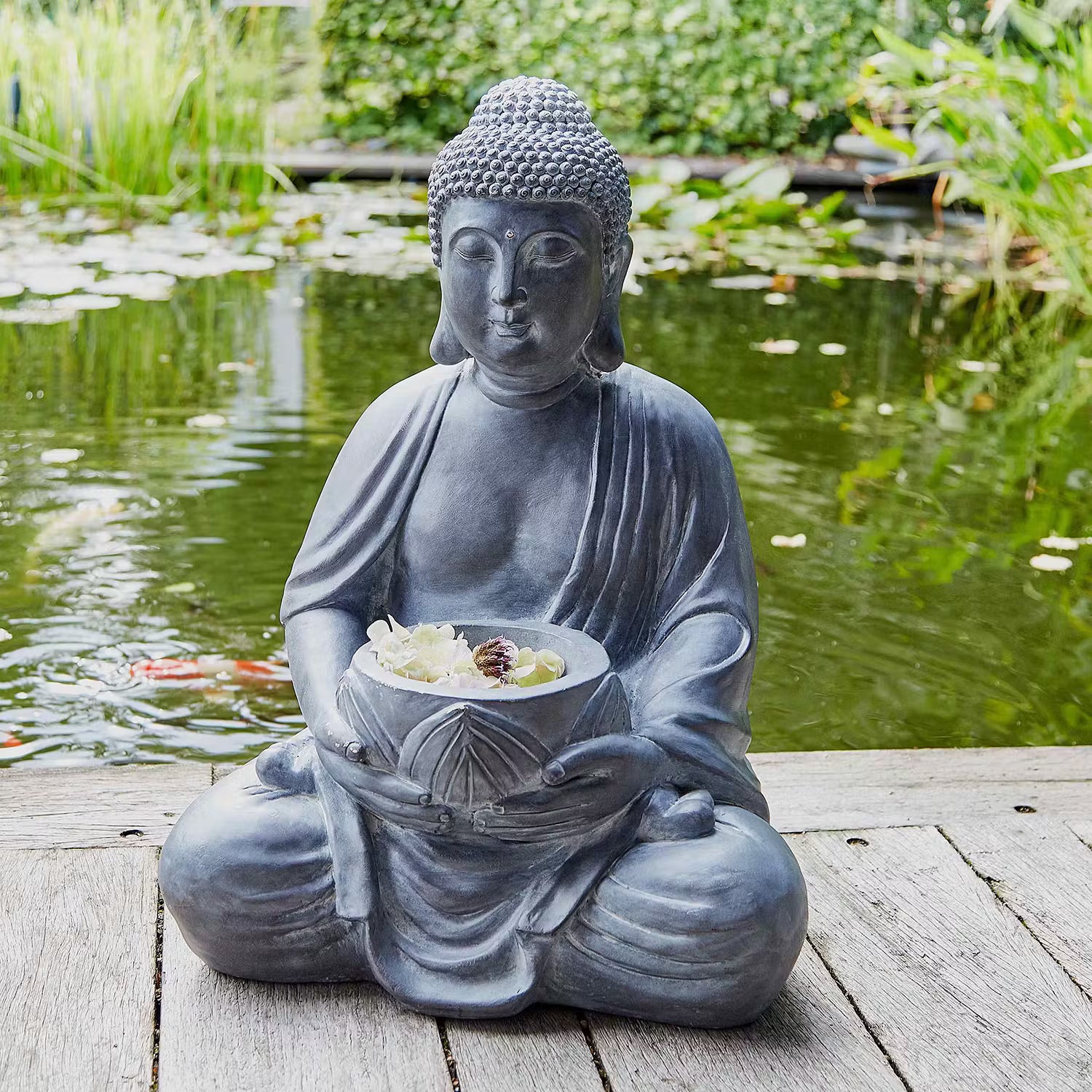 BUDDHA Kerzenhalter - Kaolinit / Steinpulver - Grau - Höhe: 68 cm