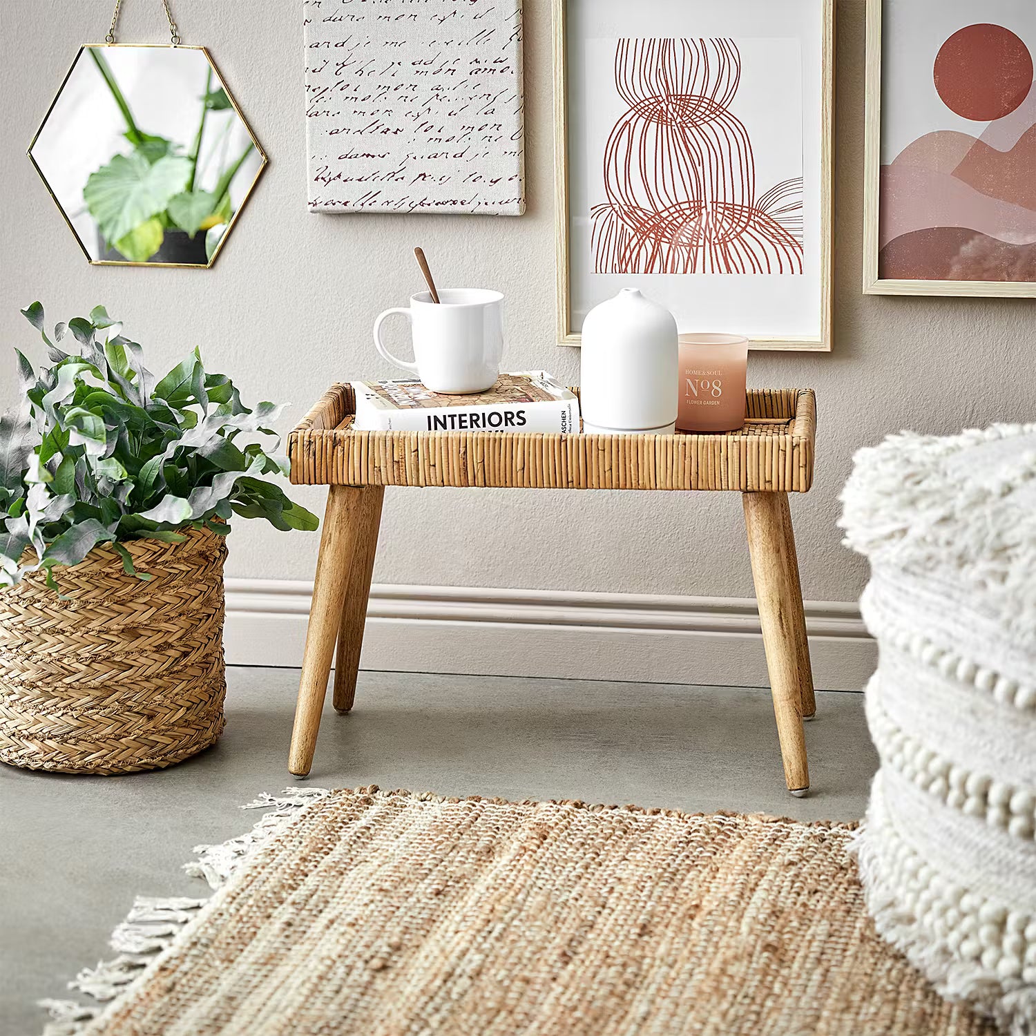 BASSE Beistelltisch - Rattan / Mindiholz - Natur