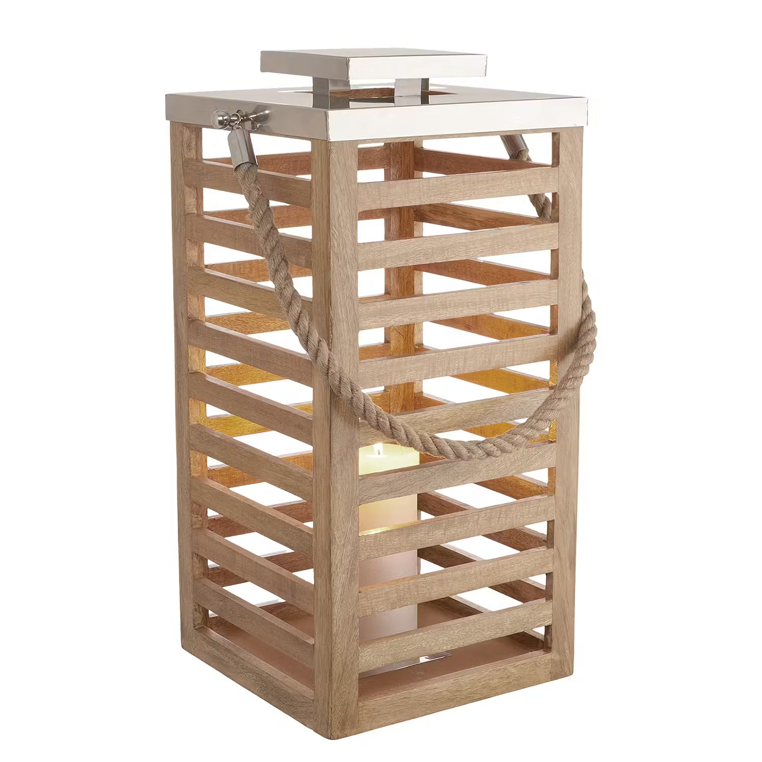 SHORE Laterne - Mangoholz - Braun / Silber - Höhe: 54 cm
