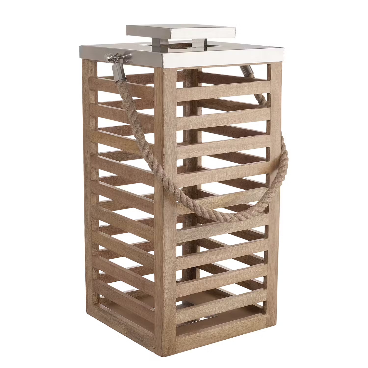 SHORE Laterne - Mangoholz - Braun / Silber - Höhe: 54 cm