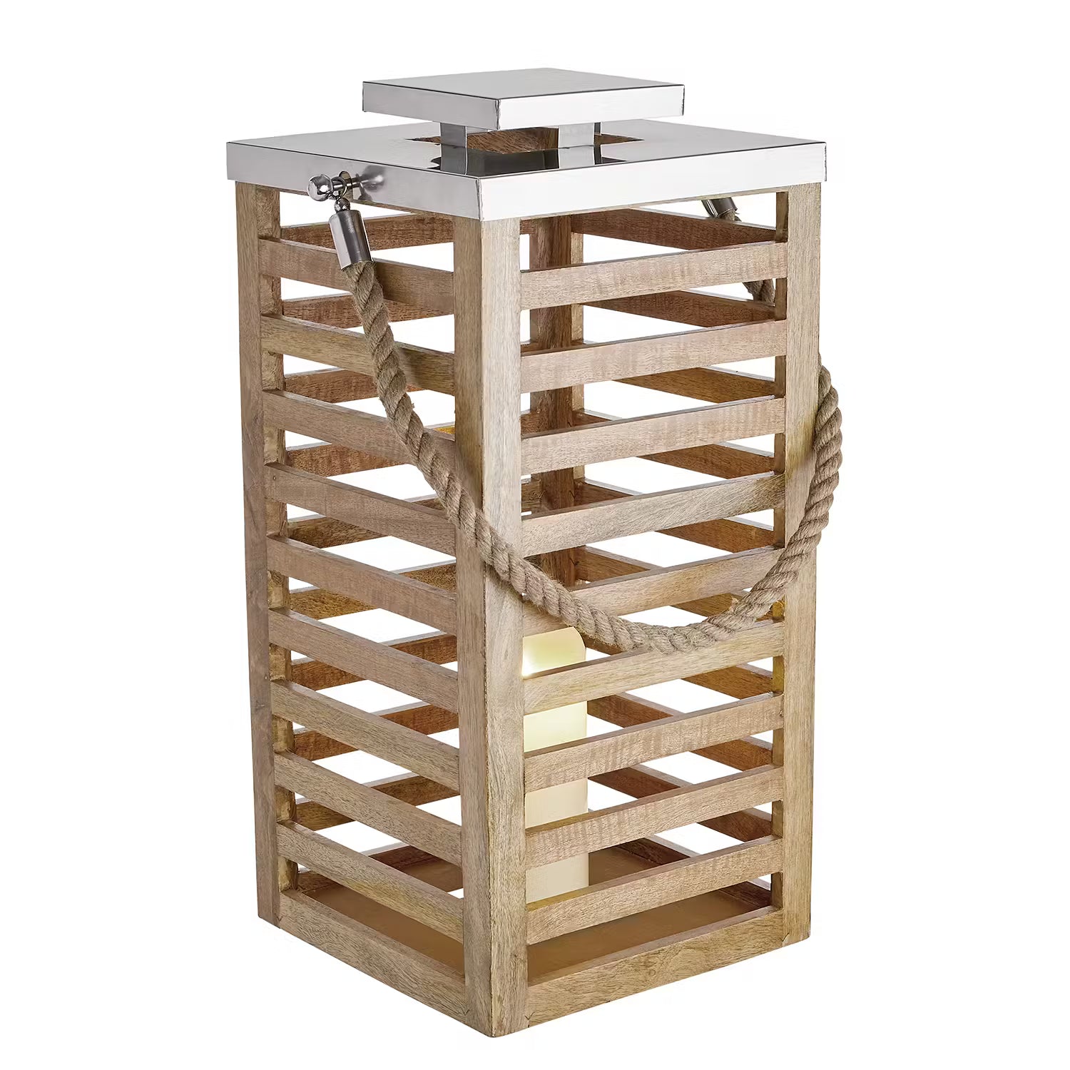 SHORE Laterne - Mangoholz - Braun / Silber - Höhe: 65 cm