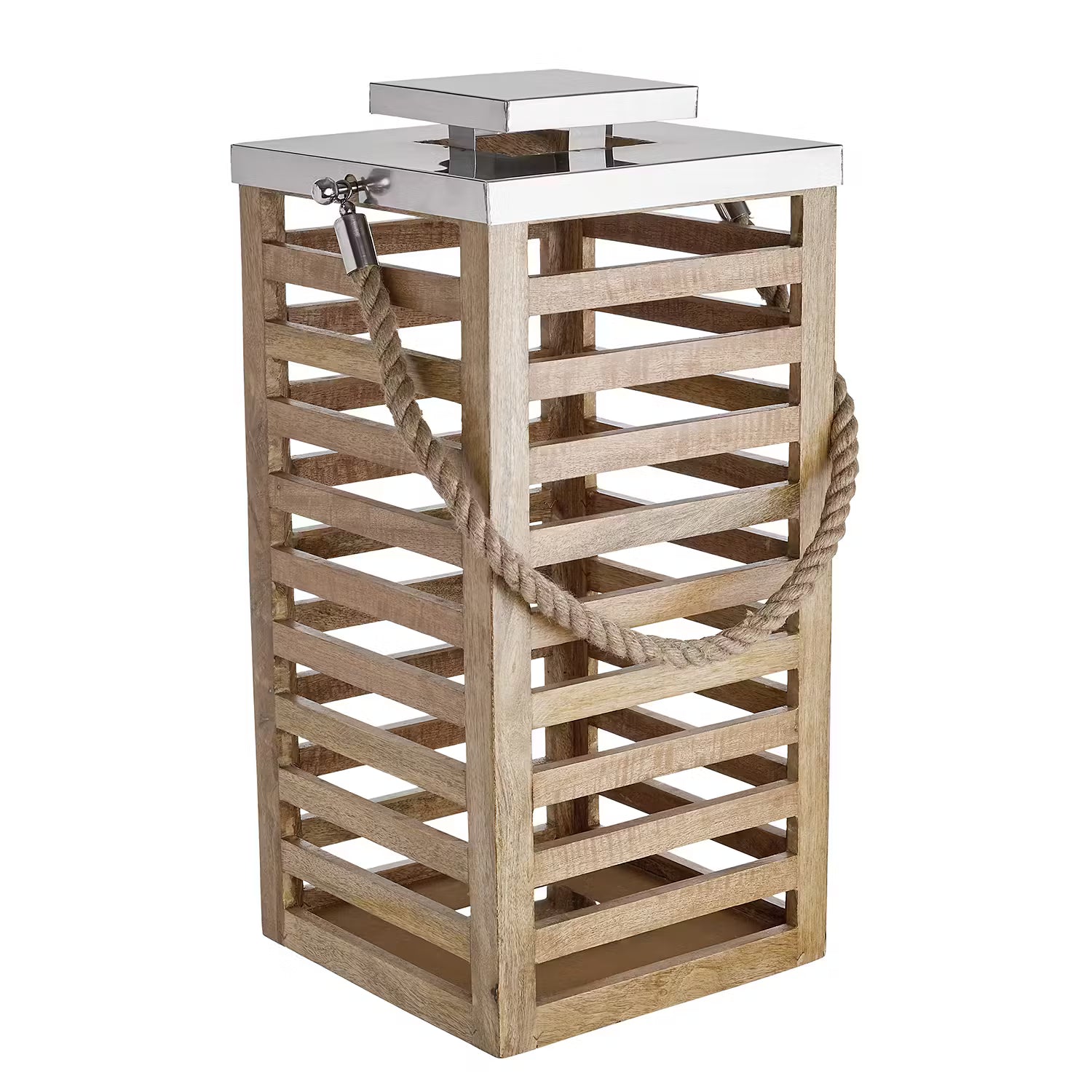 SHORE Laterne - Mangoholz - Braun / Silber - Höhe: 65 cm
