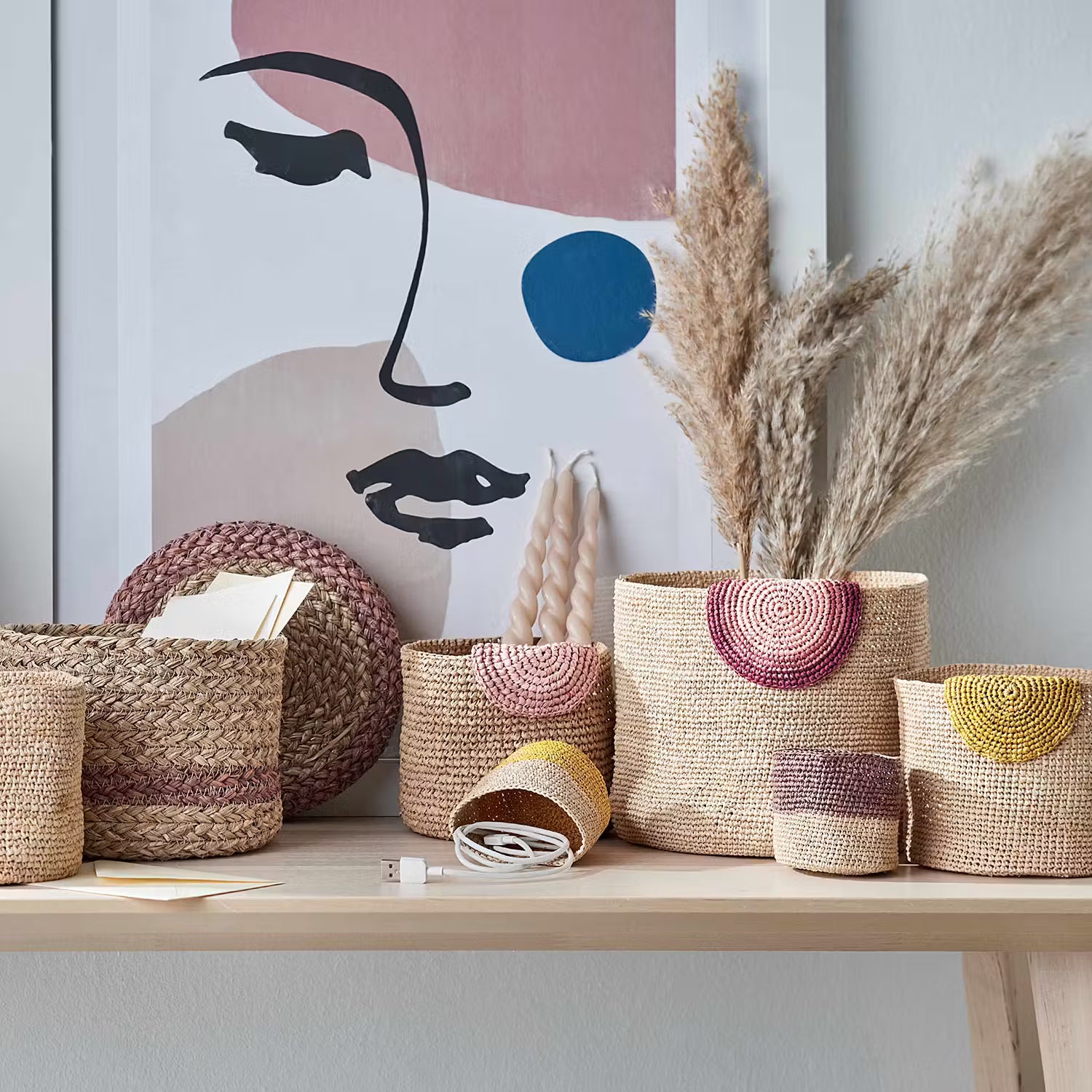 ISALO Korb-Set 4-tlg. - Raffia - Beige / Gelb