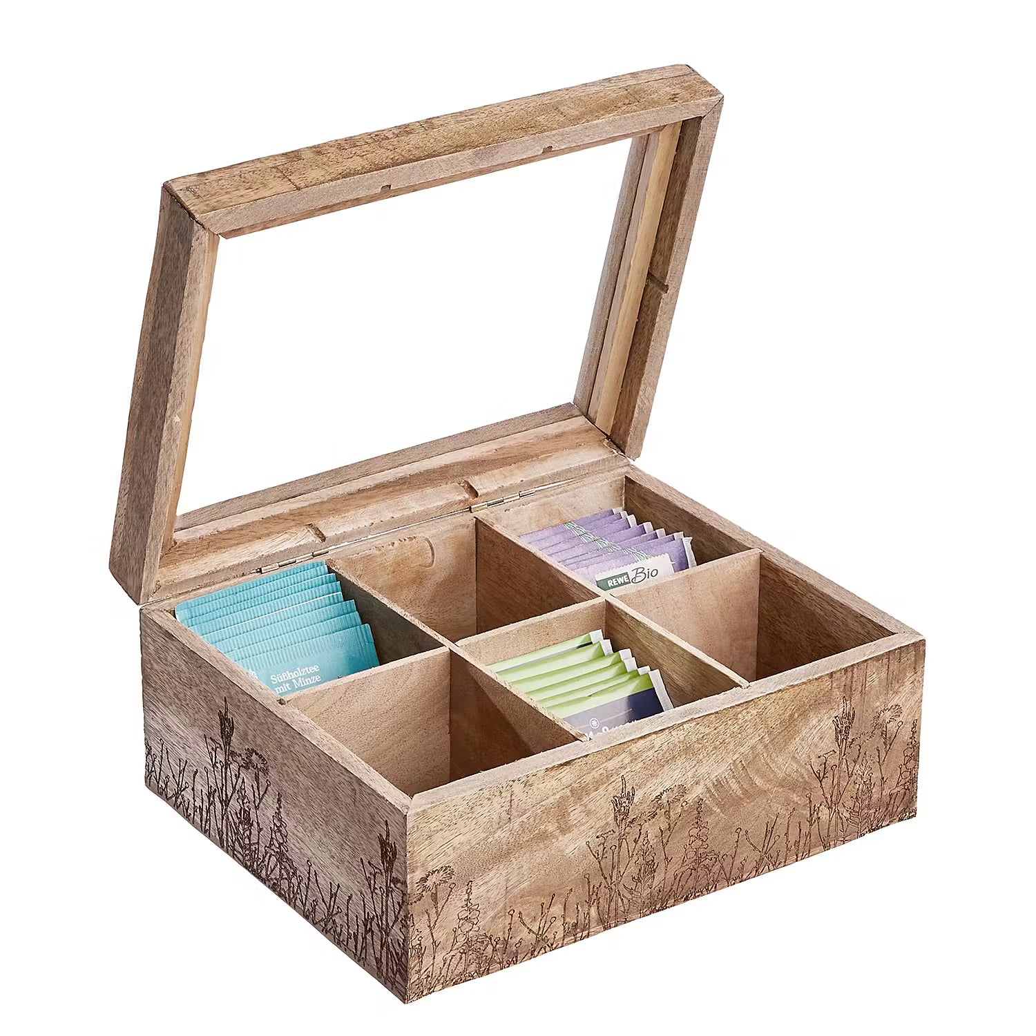 TEA TIME Teebox mit Lasergravur - Mangoholz / Klarglas - Braun