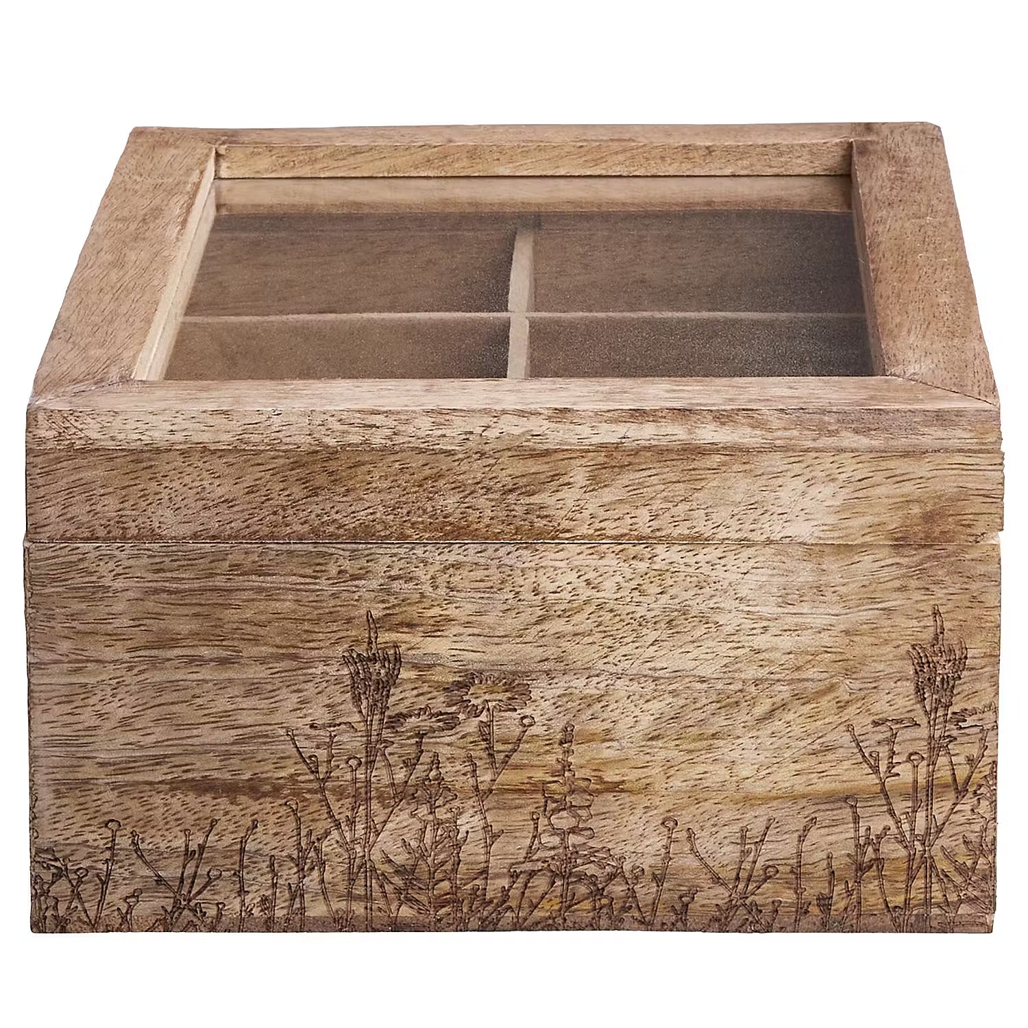 TEA TIME Teebox mit Lasergravur - Mangoholz / Klarglas - Braun