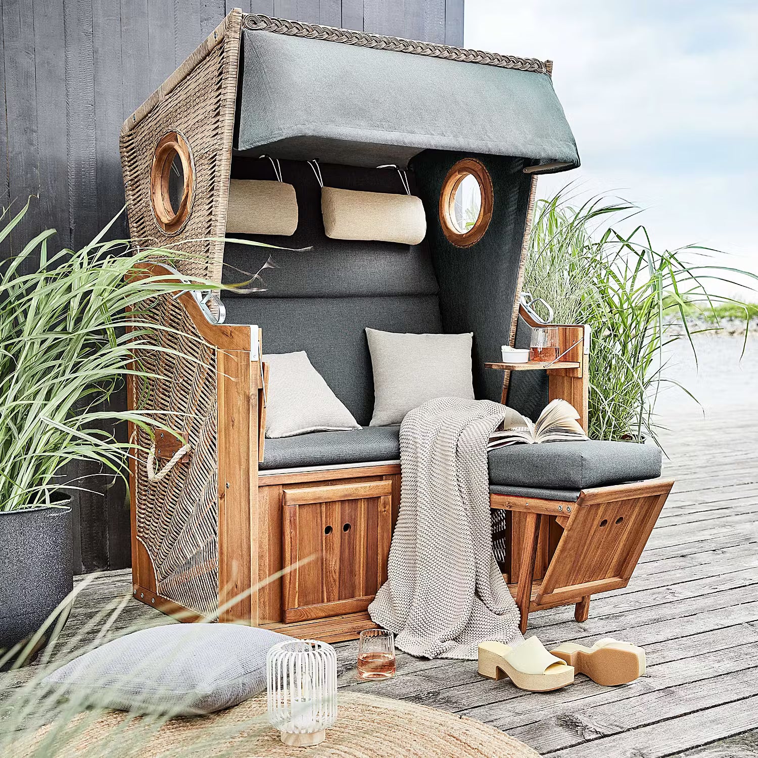 SYLT Strandkorb - Polyethylen / Polyester / Akazie - Grau / Braun