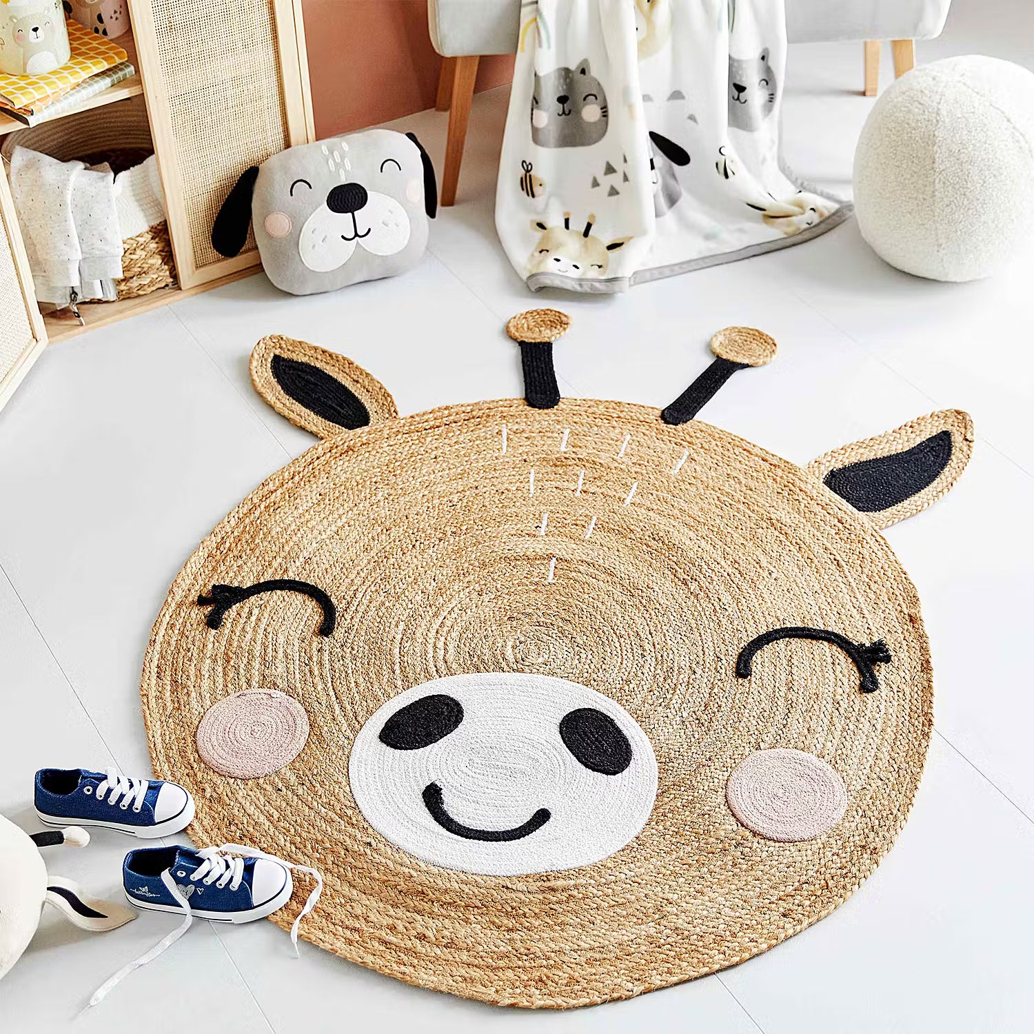 TINY TOWN Kinderteppich Giraffe - Hanf / Baumwolle - Mehrfarbig - 110 x 110 cm