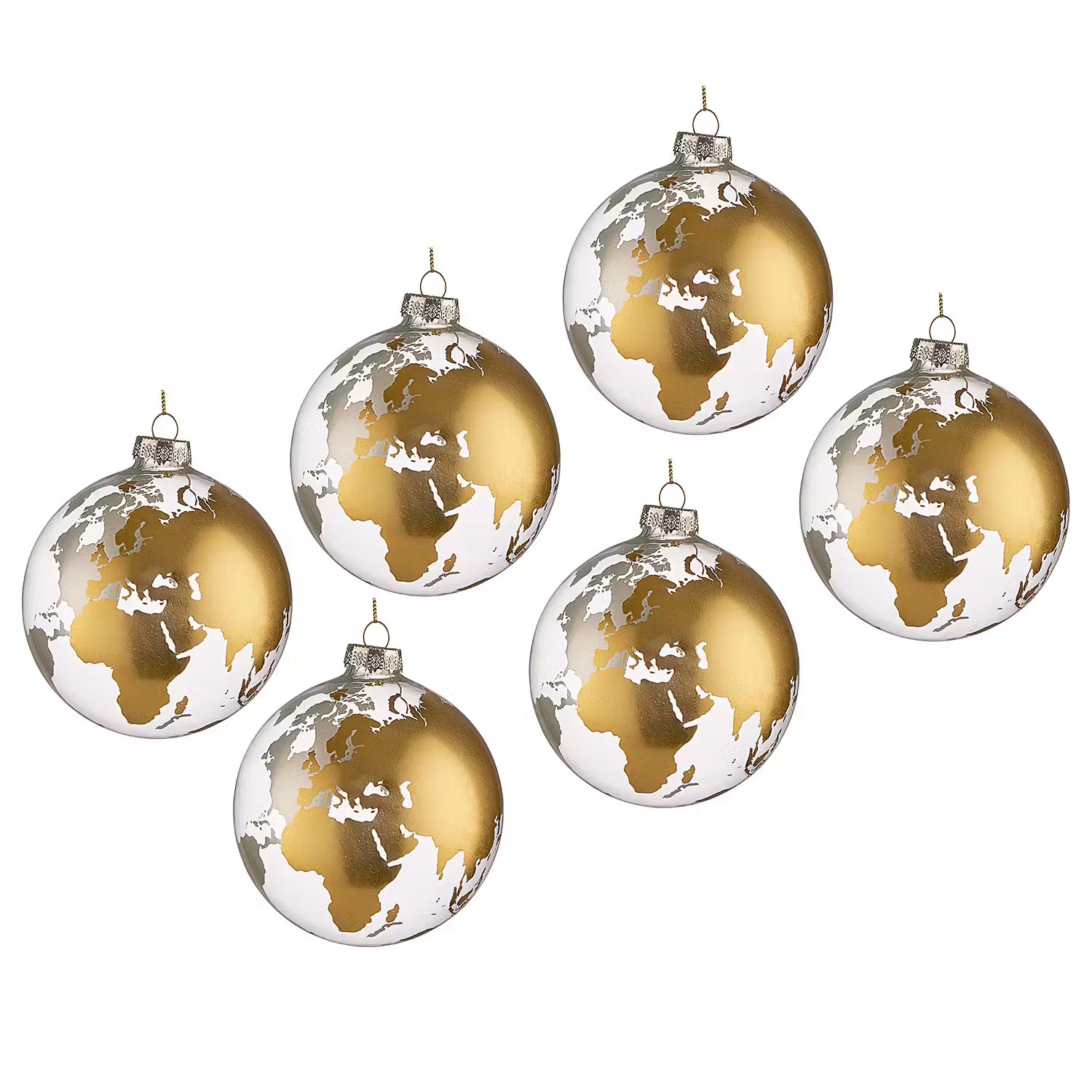 HANG ON Weihnachtskugel Weltkugel 6er-Set - Glas - Gold /  Weiß