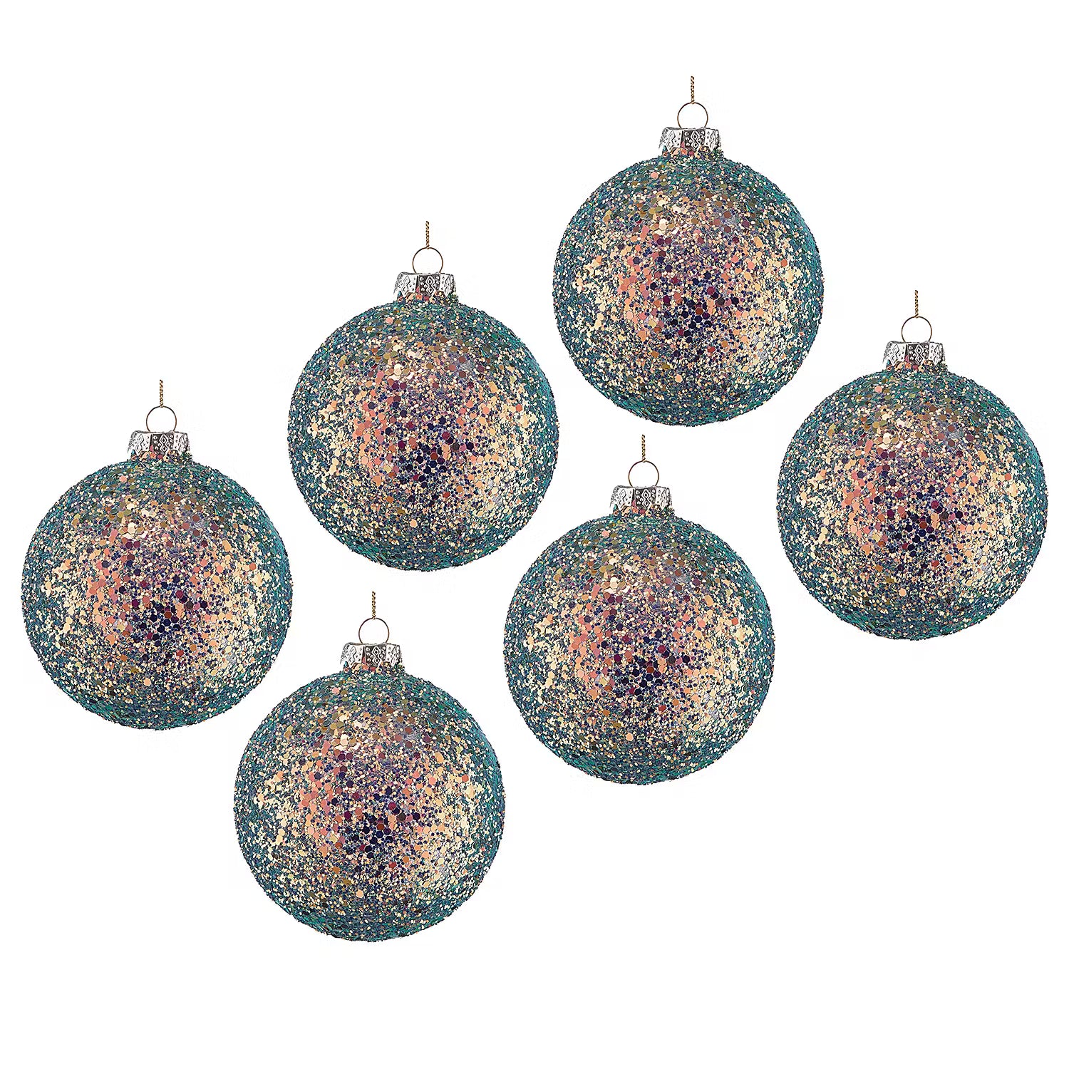 HANG ON Weihnachtskugel Glitter 6er-Set - Glas - Gold / Grün - Durchmesser: 10 cm
