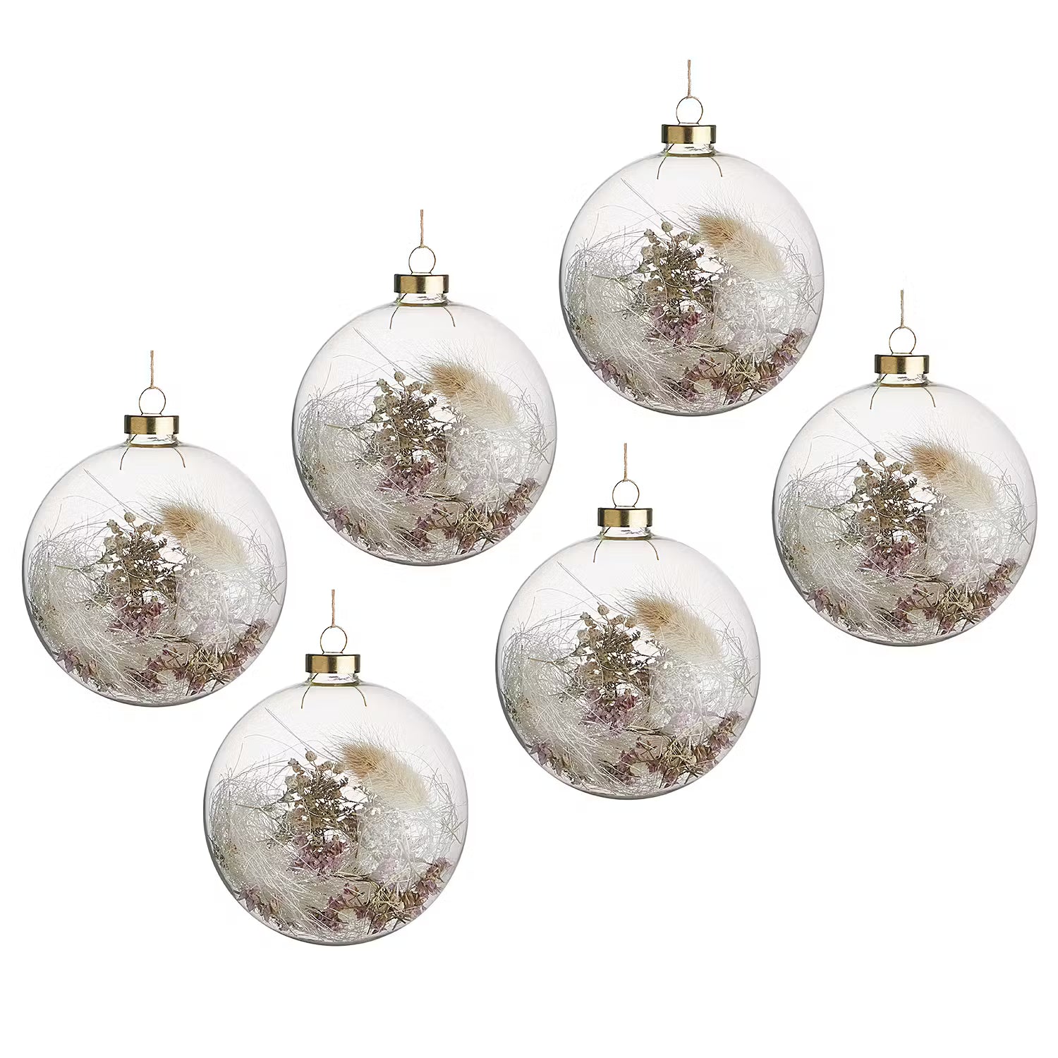 HANG ON Weihnachtskugel Trockenblumen 6er-Set - Glas / Trockenblumen - Transparent / Natur - Durchmesser: 10 cm