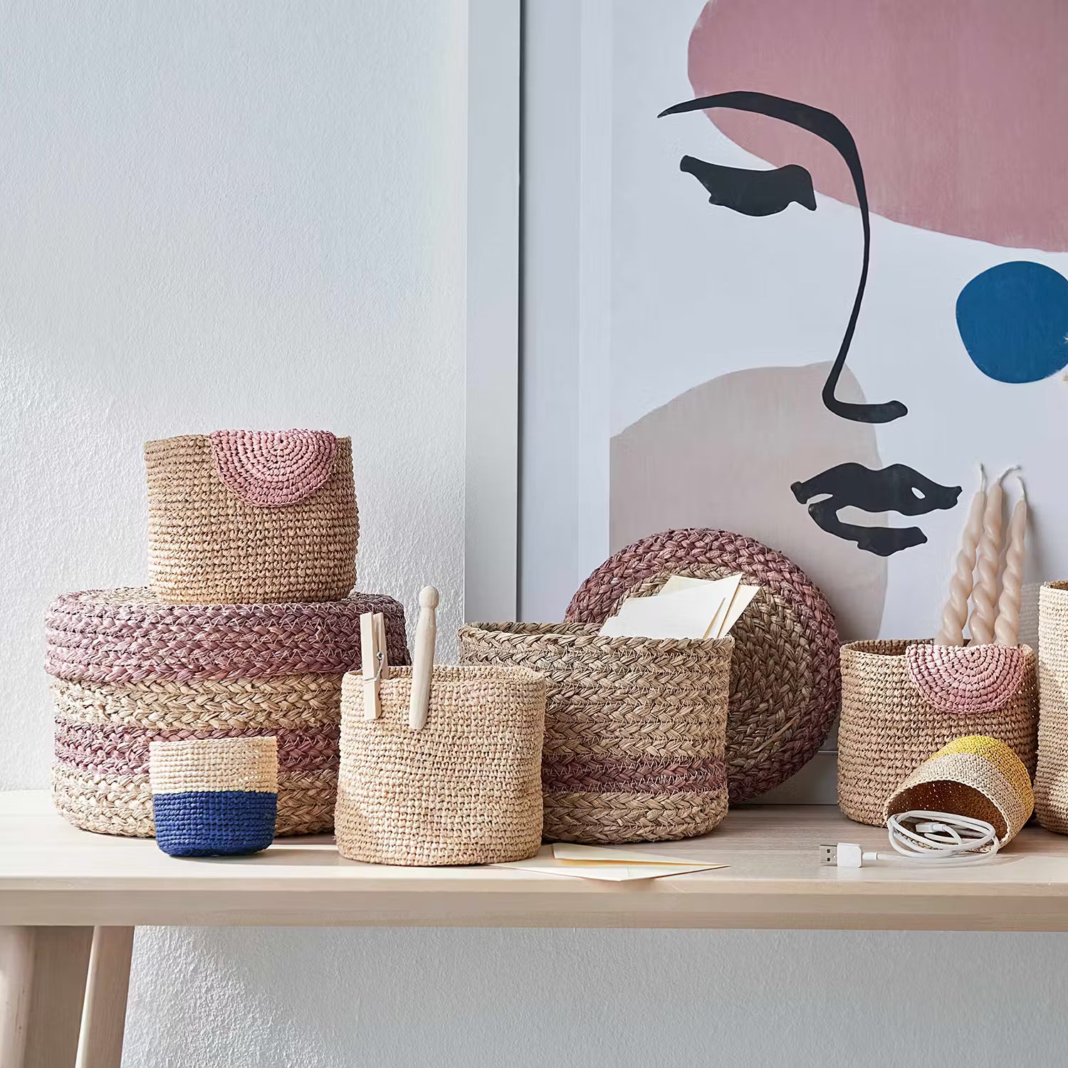 ISALO Korb-Set 4-tlg. - Raffia - Natur / Rosa
