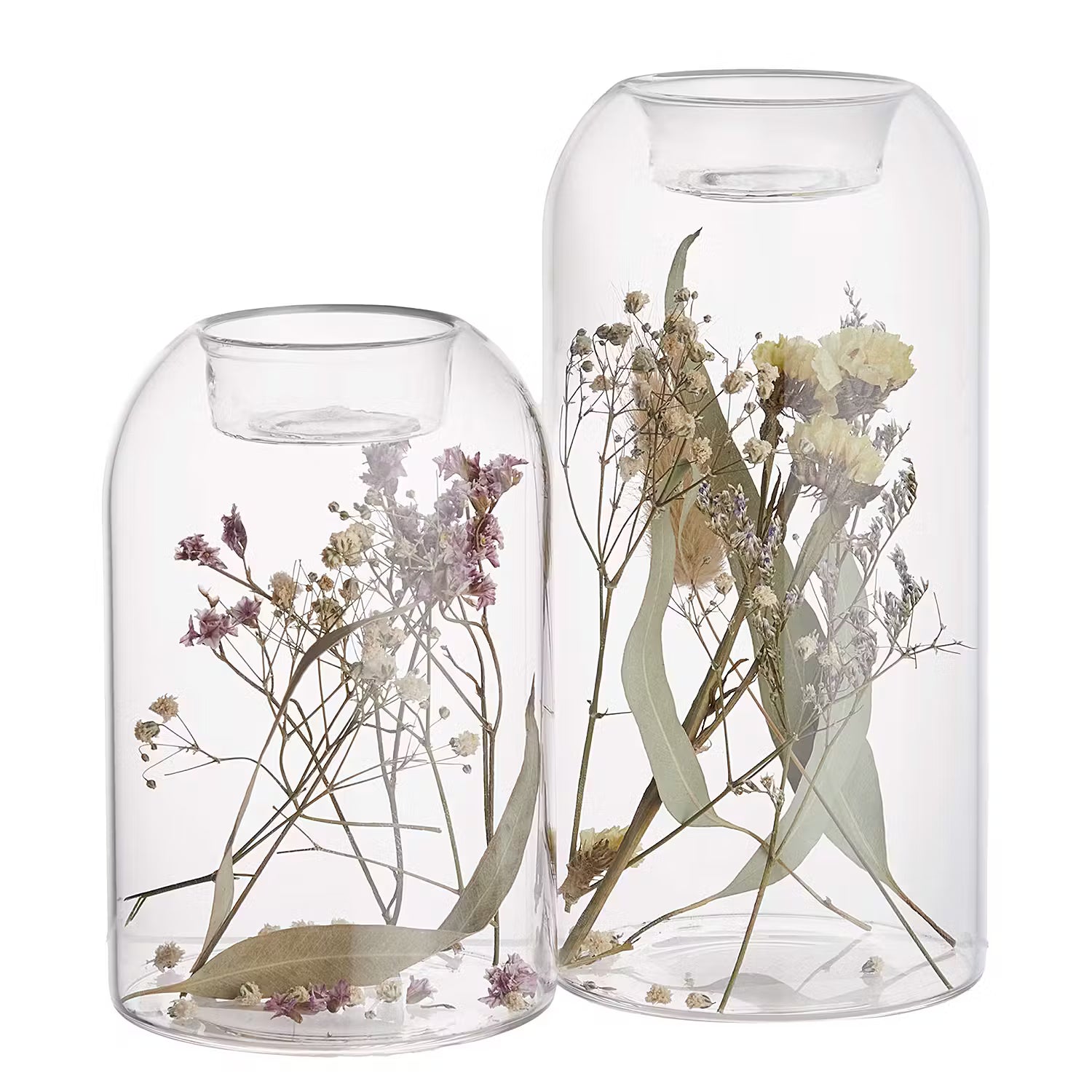 FLOWER MARKET Teelichthalter-Set 2-tlg. - Glas / Trockenblumen - Transparent