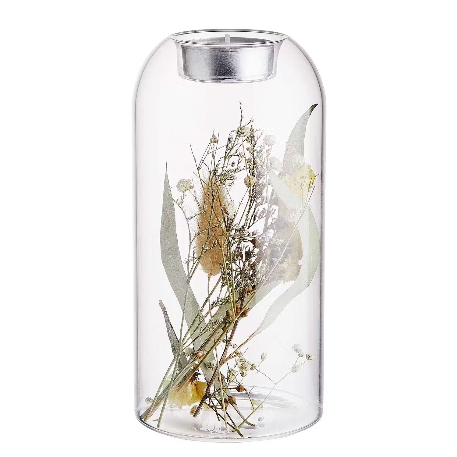 FLOWER MARKET Teelichthalter-Set 2-tlg. - Glas / Trockenblumen - Transparent
