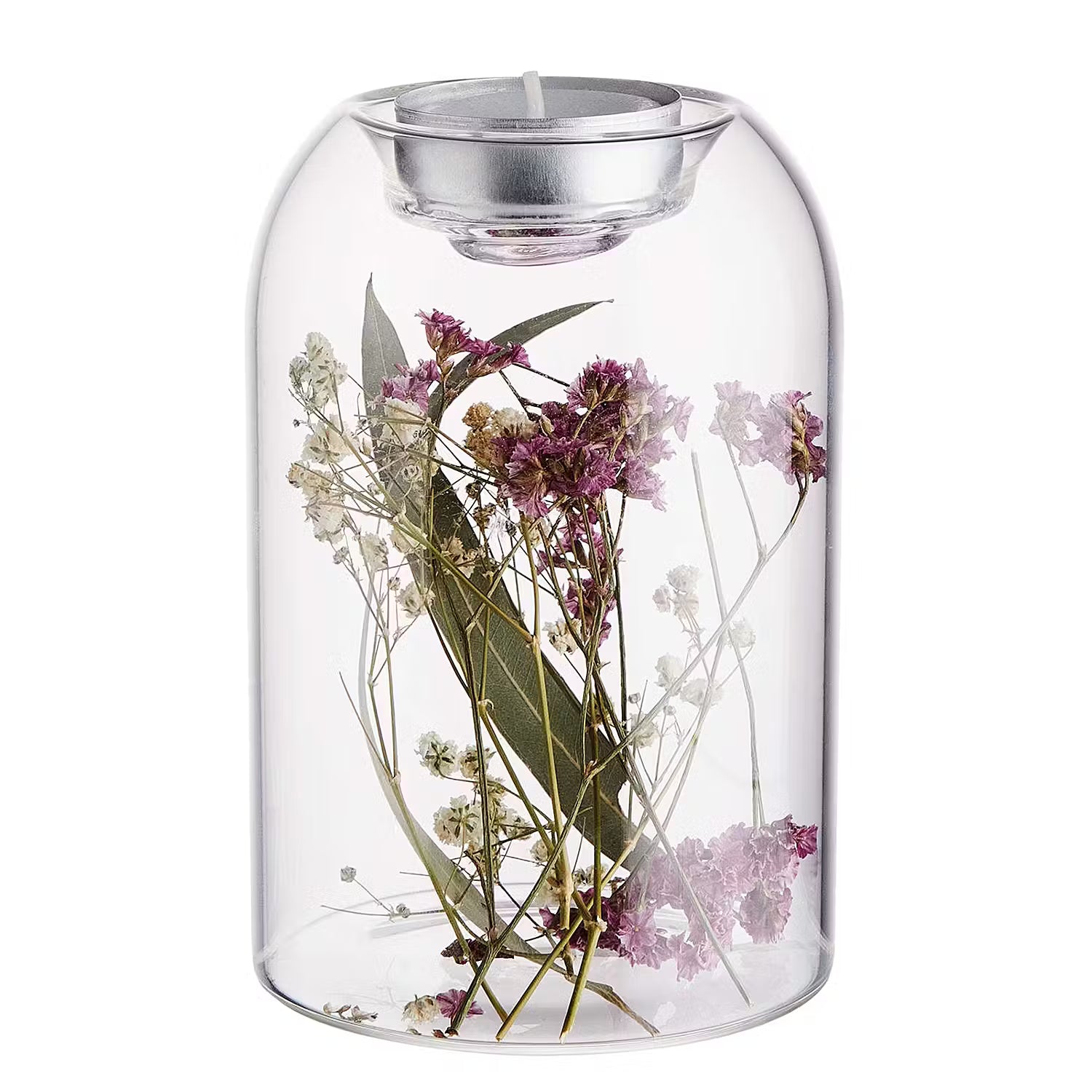 FLOWER MARKET Teelichthalter-Set 2-tlg. - Glas / Trockenblumen - Transparent