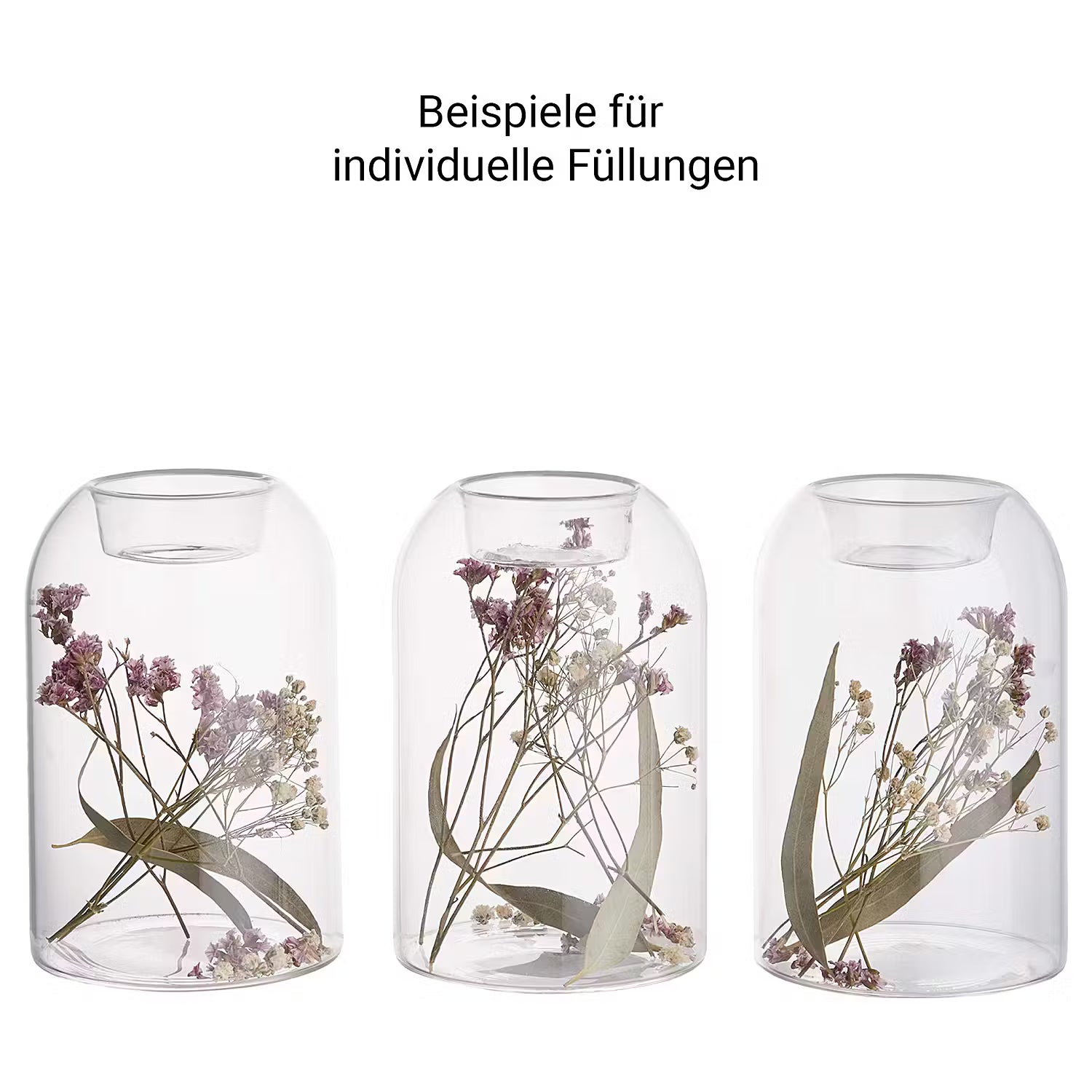 FLOWER MARKET Teelichthalter-Set 2-tlg. - Glas / Trockenblumen - Transparent