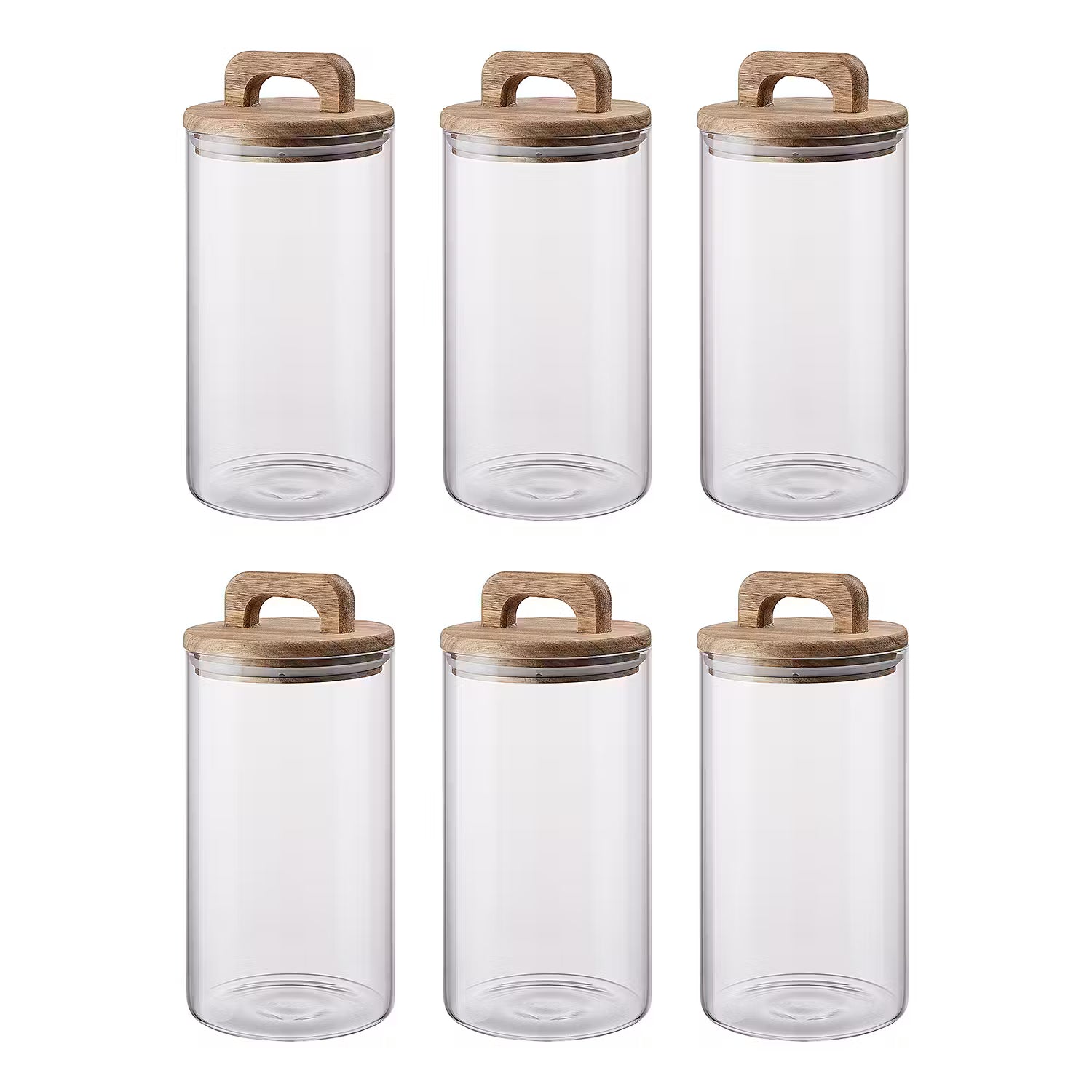 STORAGE Vorratsglas 6er-Set - Borosilikatglas / Akazienholz / Silikon - Transparent - Fassungsvermögen: 1.25 L