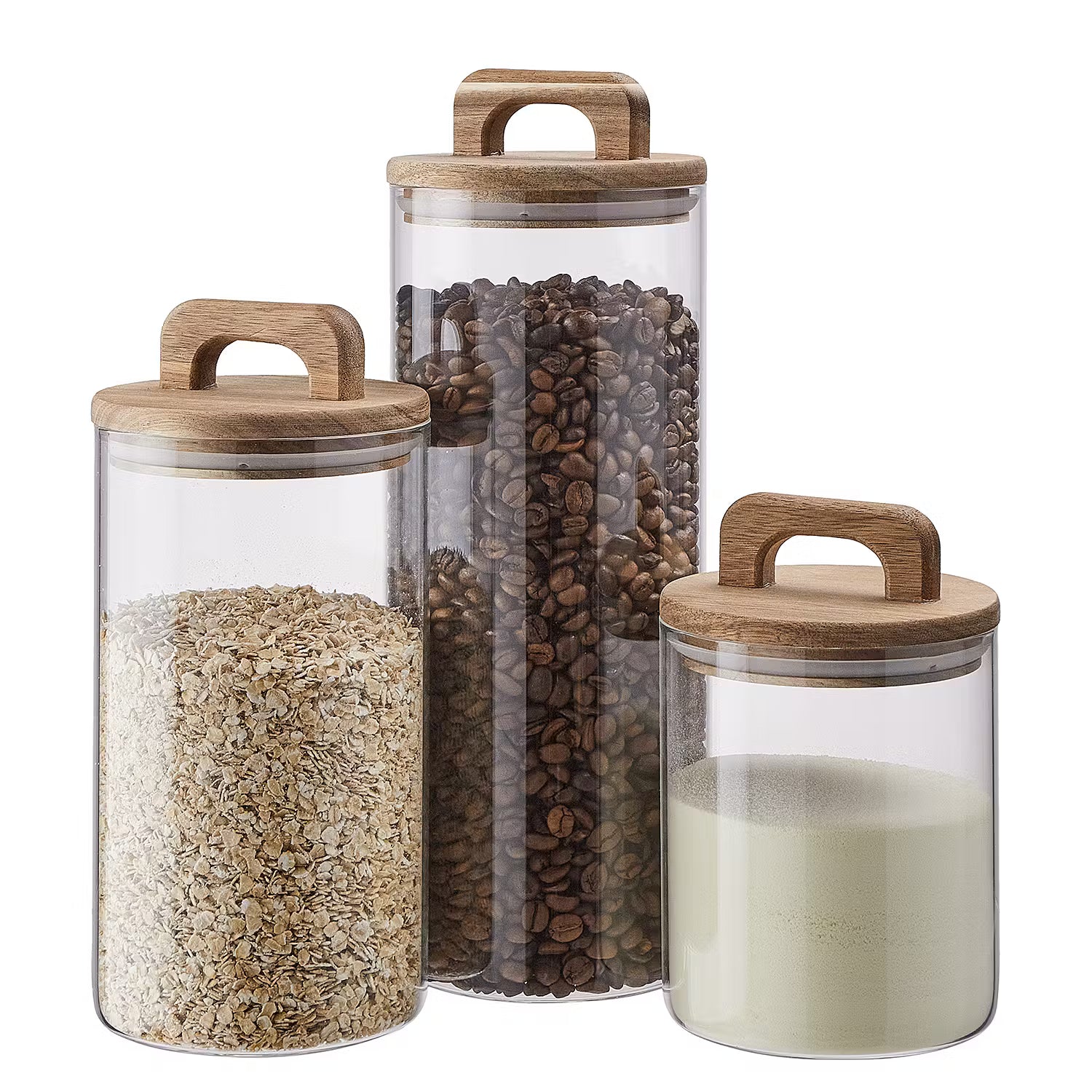 STORAGE Vorratsglas 6er-Set - Borosilikatglas / Akazienholz / Silikon - Transparent - Fassungsvermögen: 1.8 L