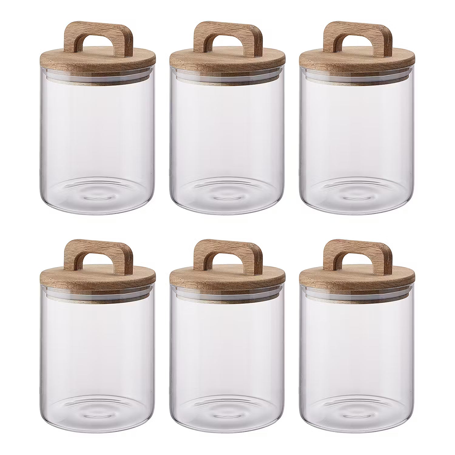 STORAGE Vorratsglas 6er-Set - Borosilikatglas / Akazienholz / Silikon - Transparent - Fassungsvermögen: 0.8 L