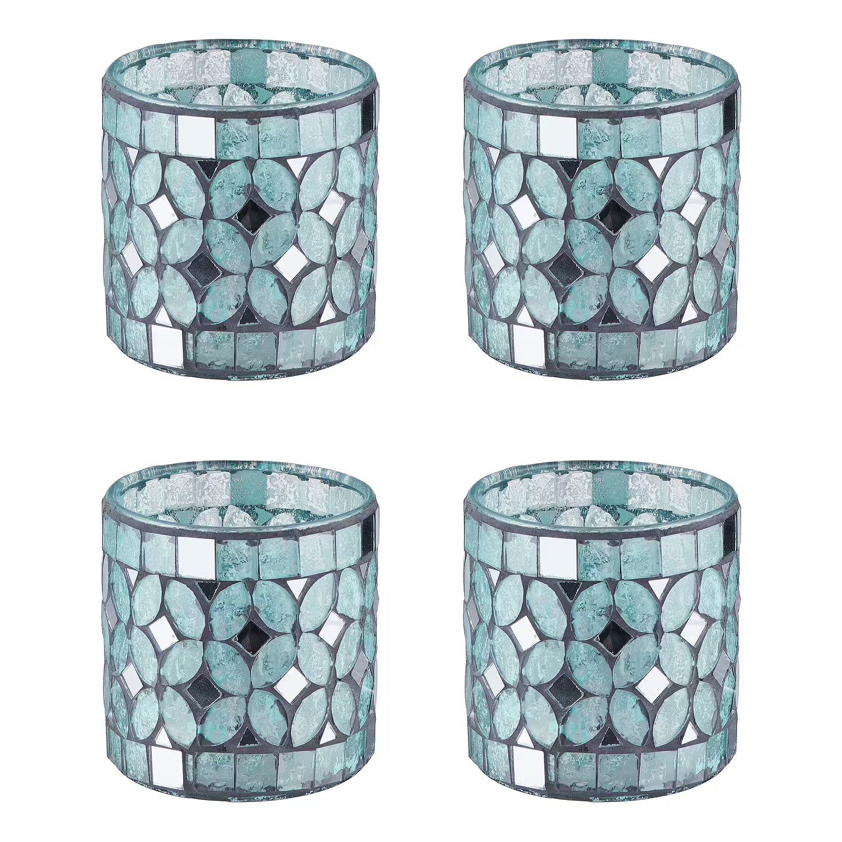 SHIMMER & SHINE Teelichthalter 4er-Set - Glas / Zement - Hellblau