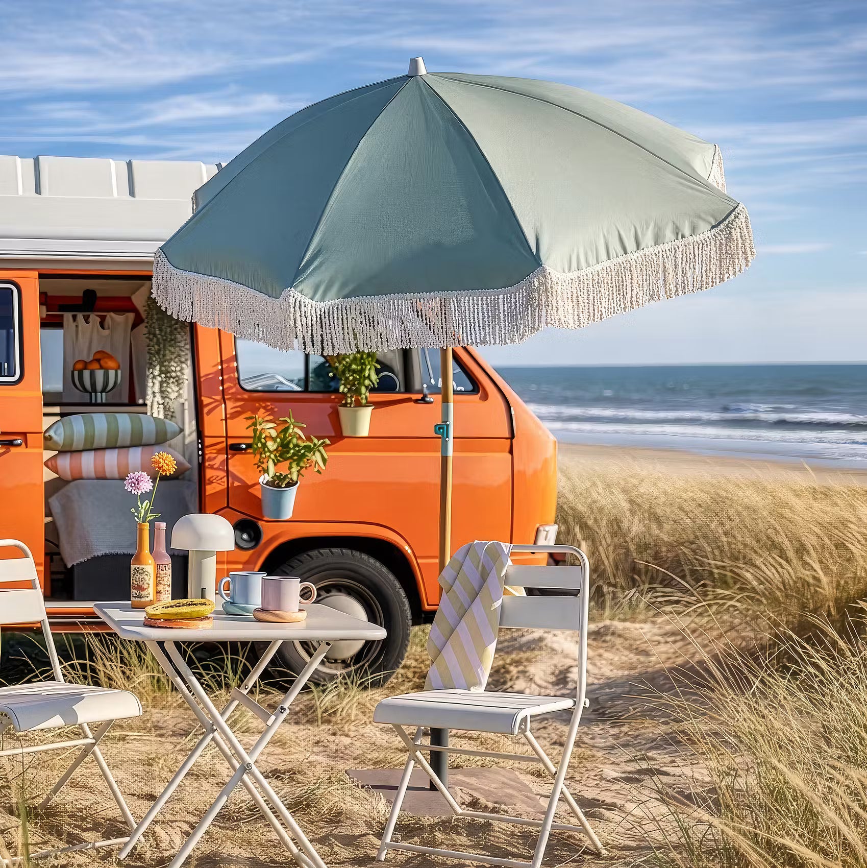 BOHO LOUNGE Strandschirm - Buche/Polyester/Baumwollstoff -Grün - Grün