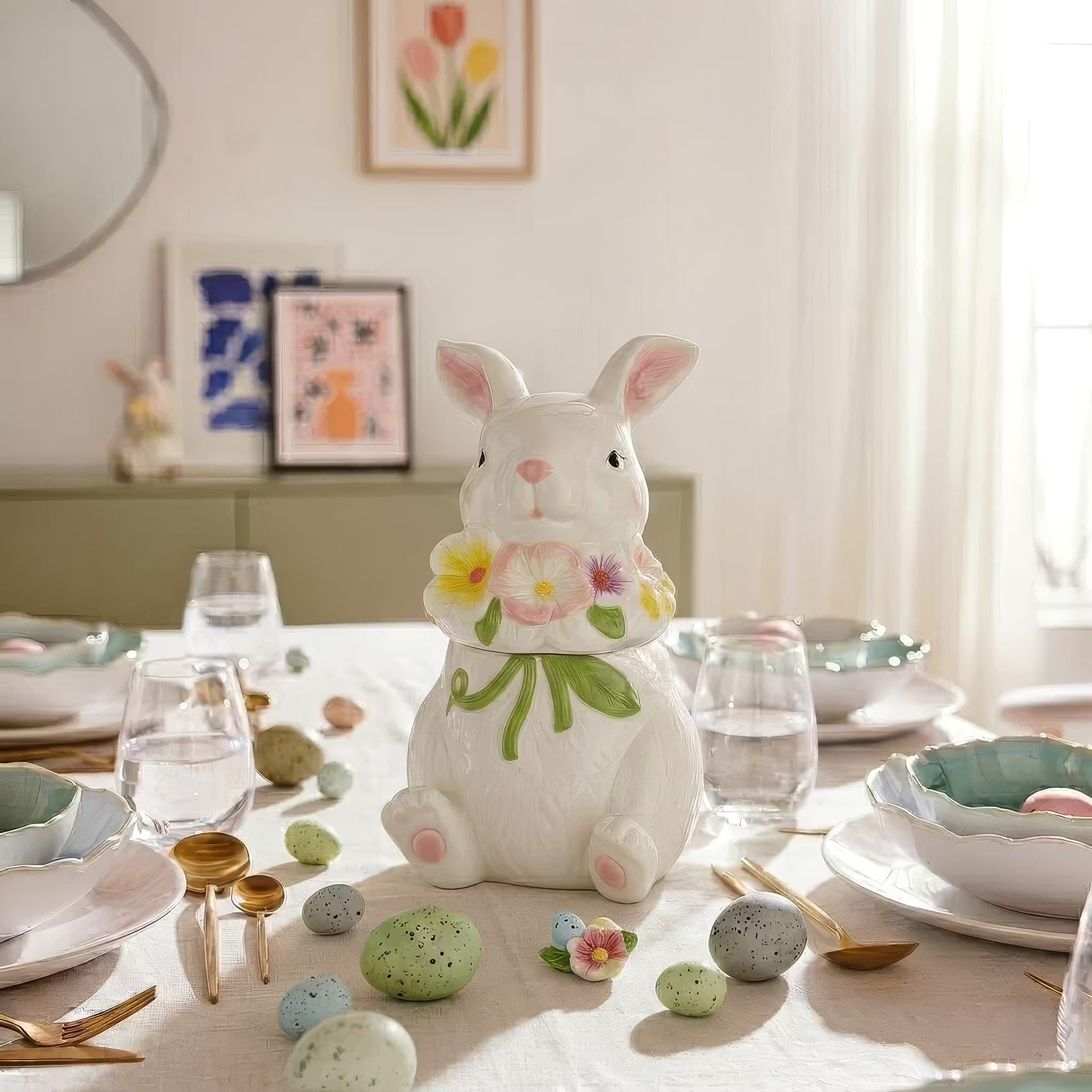 EASTER Dose Hase mit Blumen - Steingut - Weiß