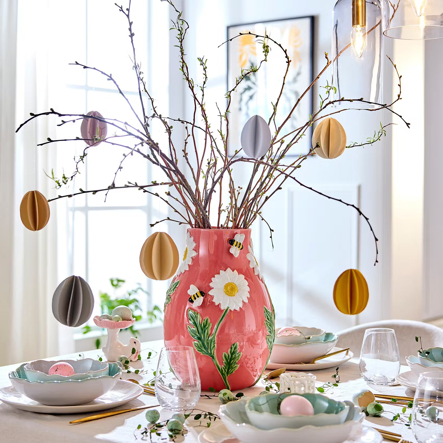 SPRING Vase Biene & Margerite - Steingut - Pastellrot