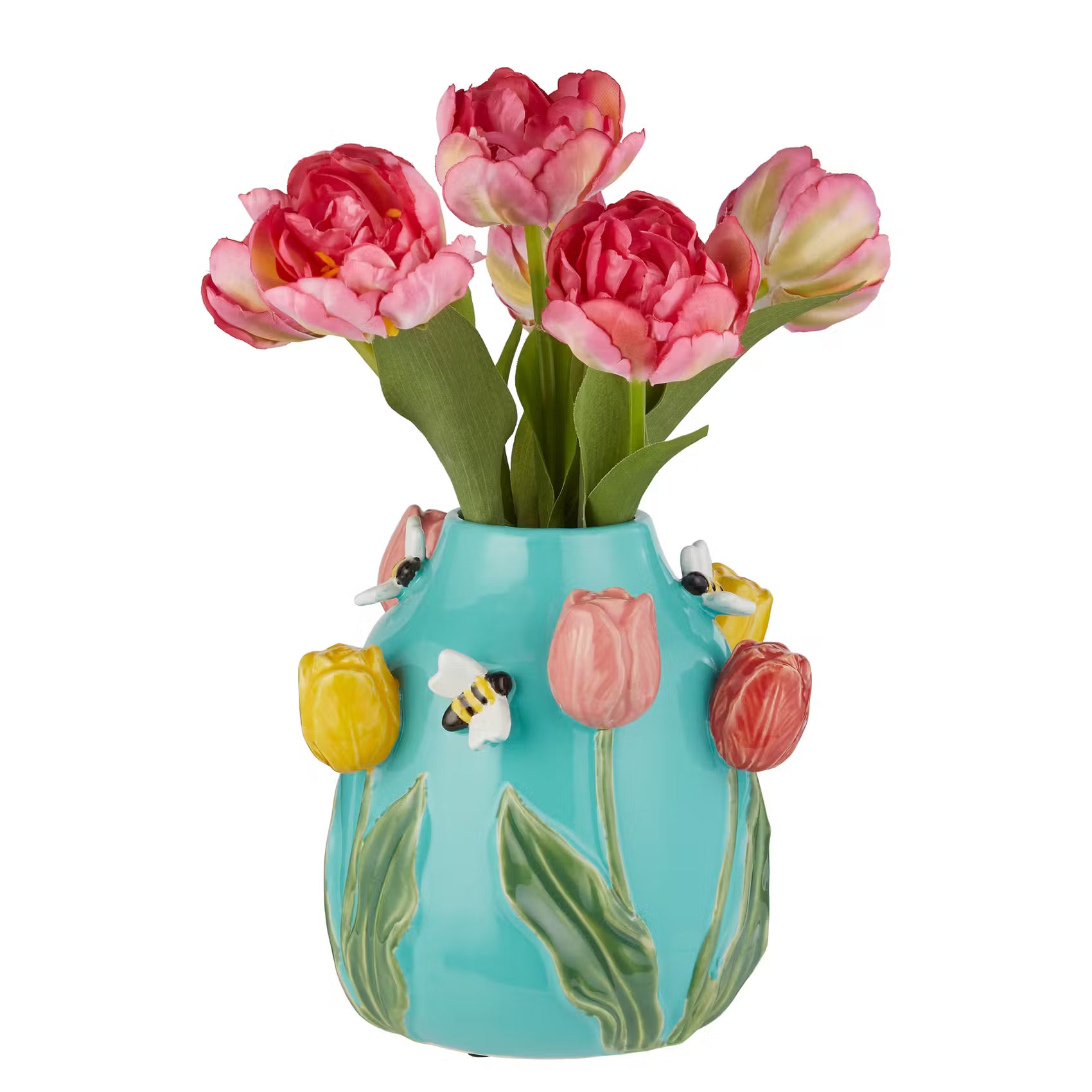 SPRING Vase Biene & Tulpe - Steingut - Blau