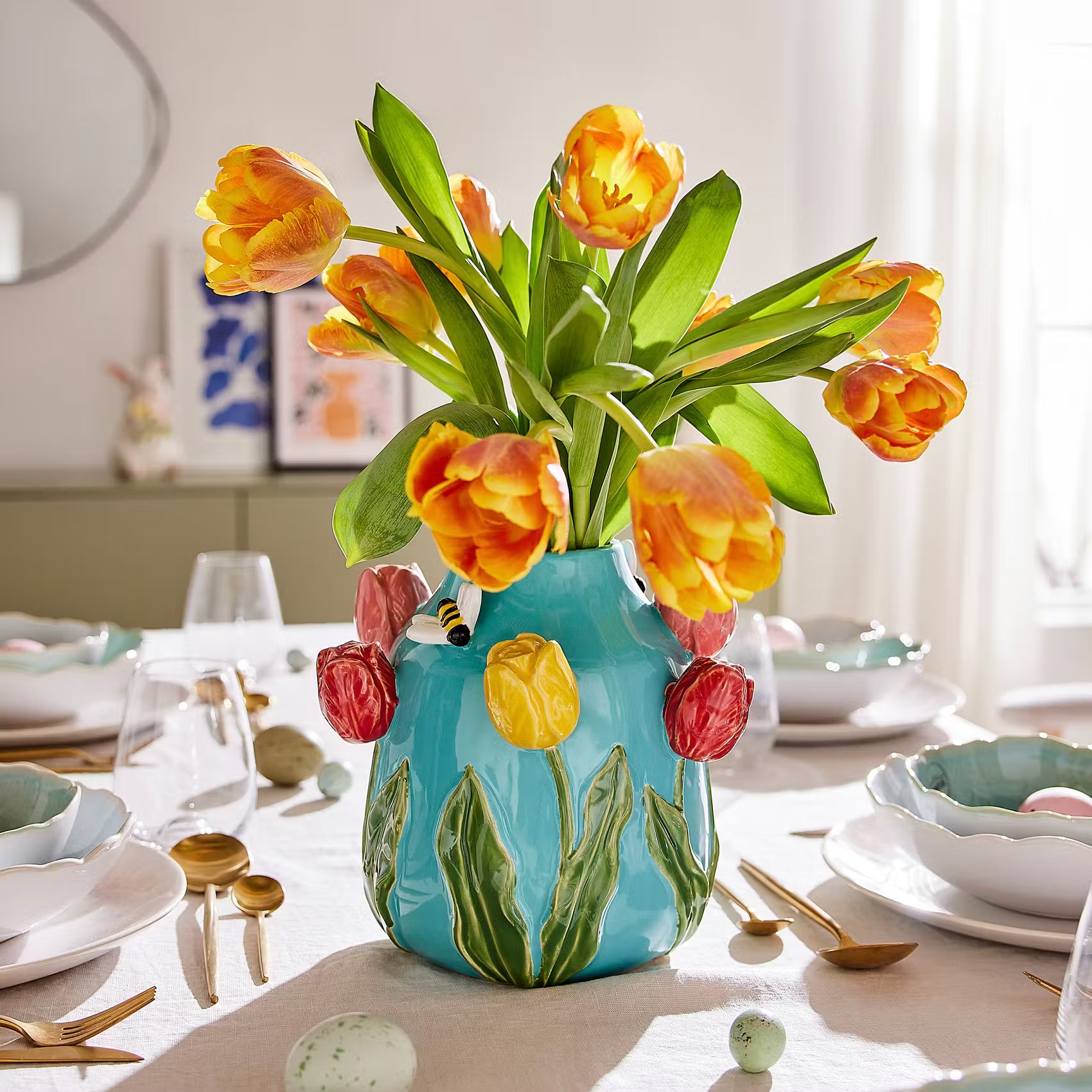 SPRING Vase Biene & Tulpe - Steingut - Blau