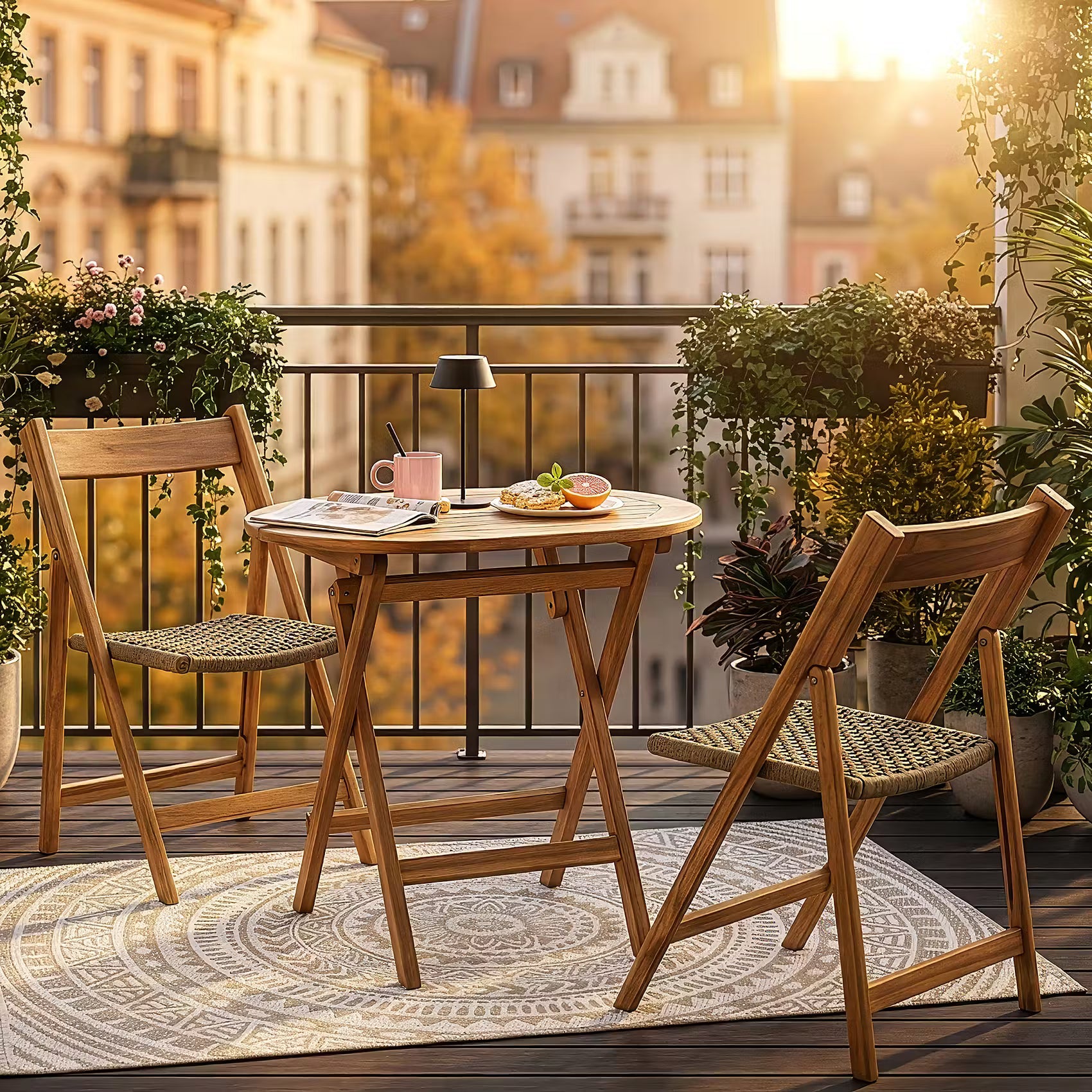 BOHO GARDEN Gartenmöbel-Set 3-tlg. - Akazienholz/Polyester - Braun/Grün