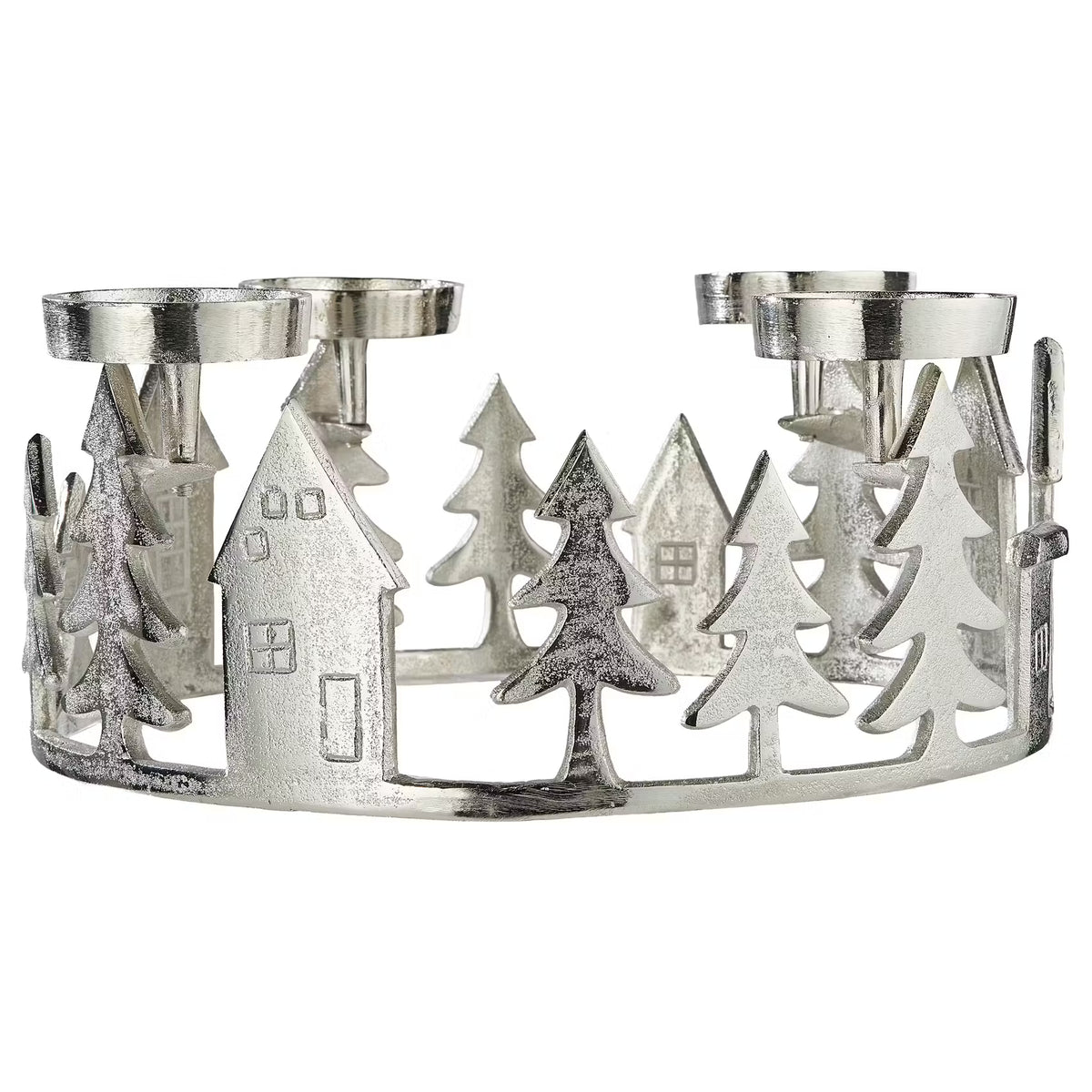 ADVENT Kranz für 4 Stumpenkerzen Häuser - Aluminium - Silber