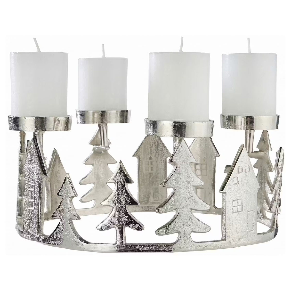 ADVENT Kranz für 4 Stumpenkerzen Häuser - Aluminium - Silber