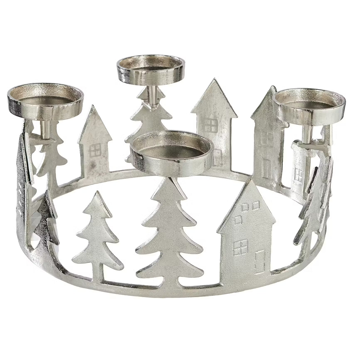 ADVENT Kranz für 4 Stumpenkerzen Häuser - Aluminium - Silber