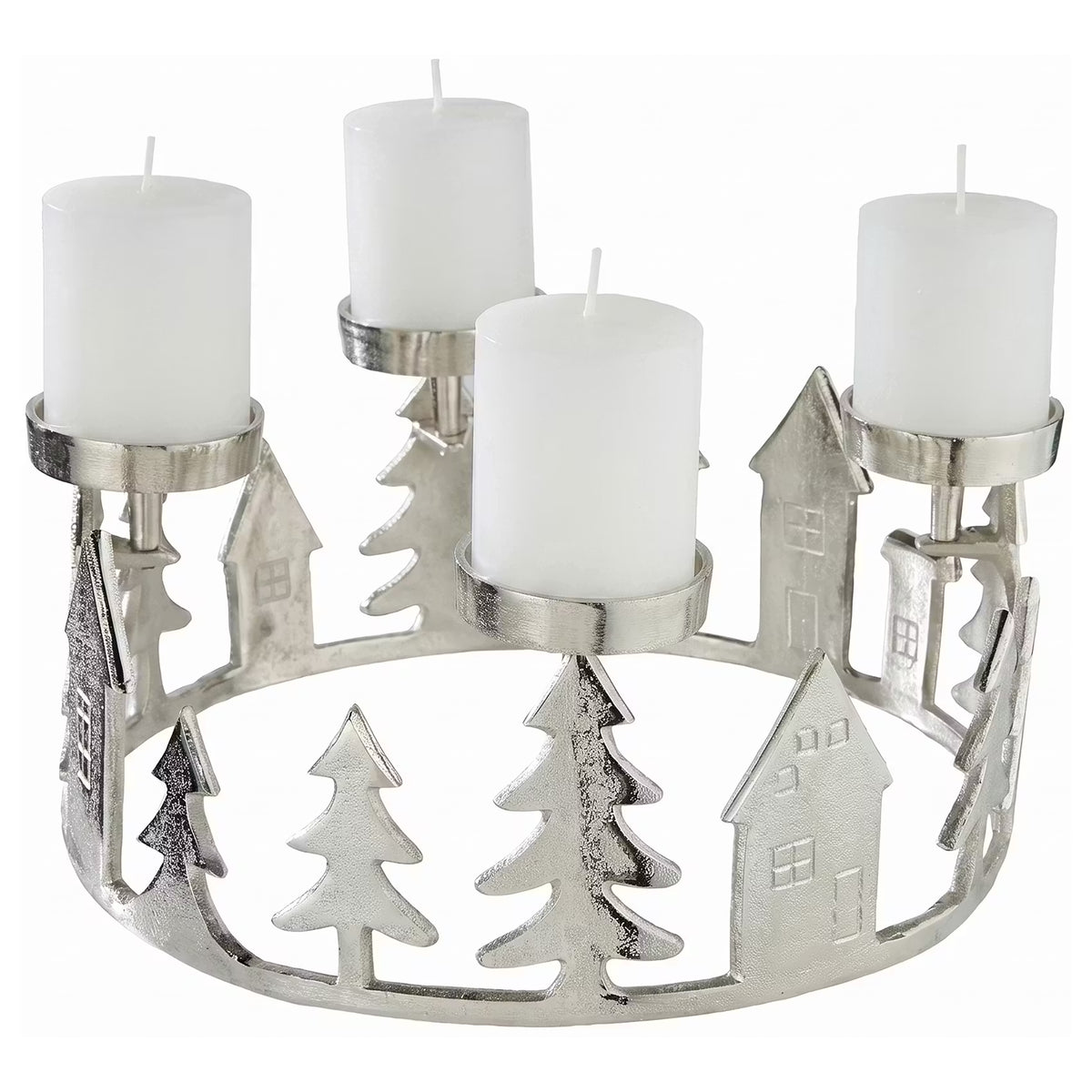 ADVENT Kranz für 4 Stumpenkerzen Häuser - Aluminium - Silber