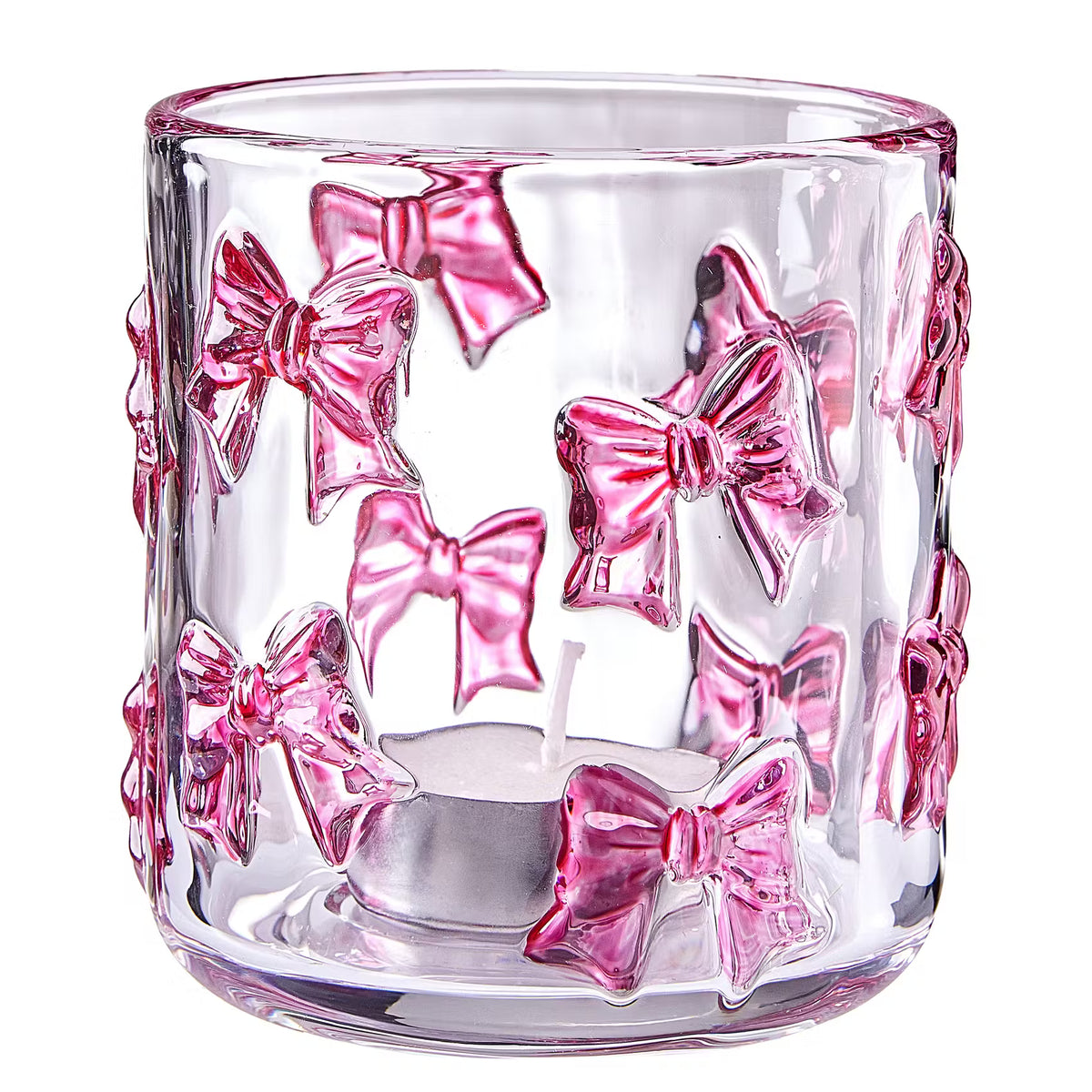 PRESENT Teelichthalter Schleifen - Klarglas - Transparent/Rosa