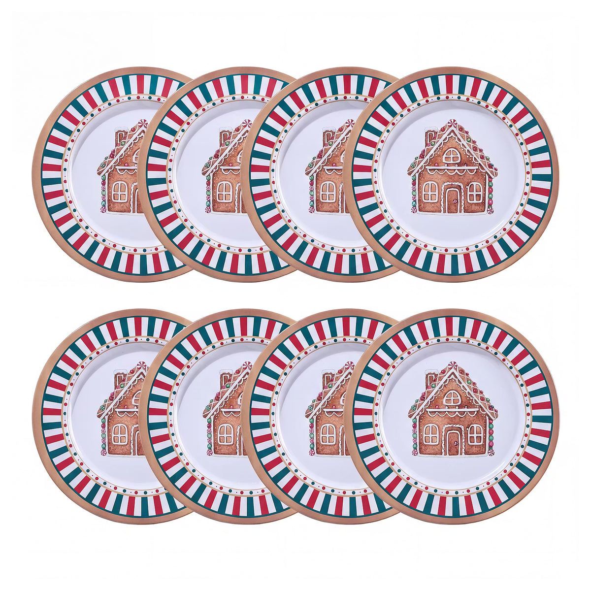 XMAS Metallteller Lebkuchenhaus 8er-Set - Zinn - Grün/Gold