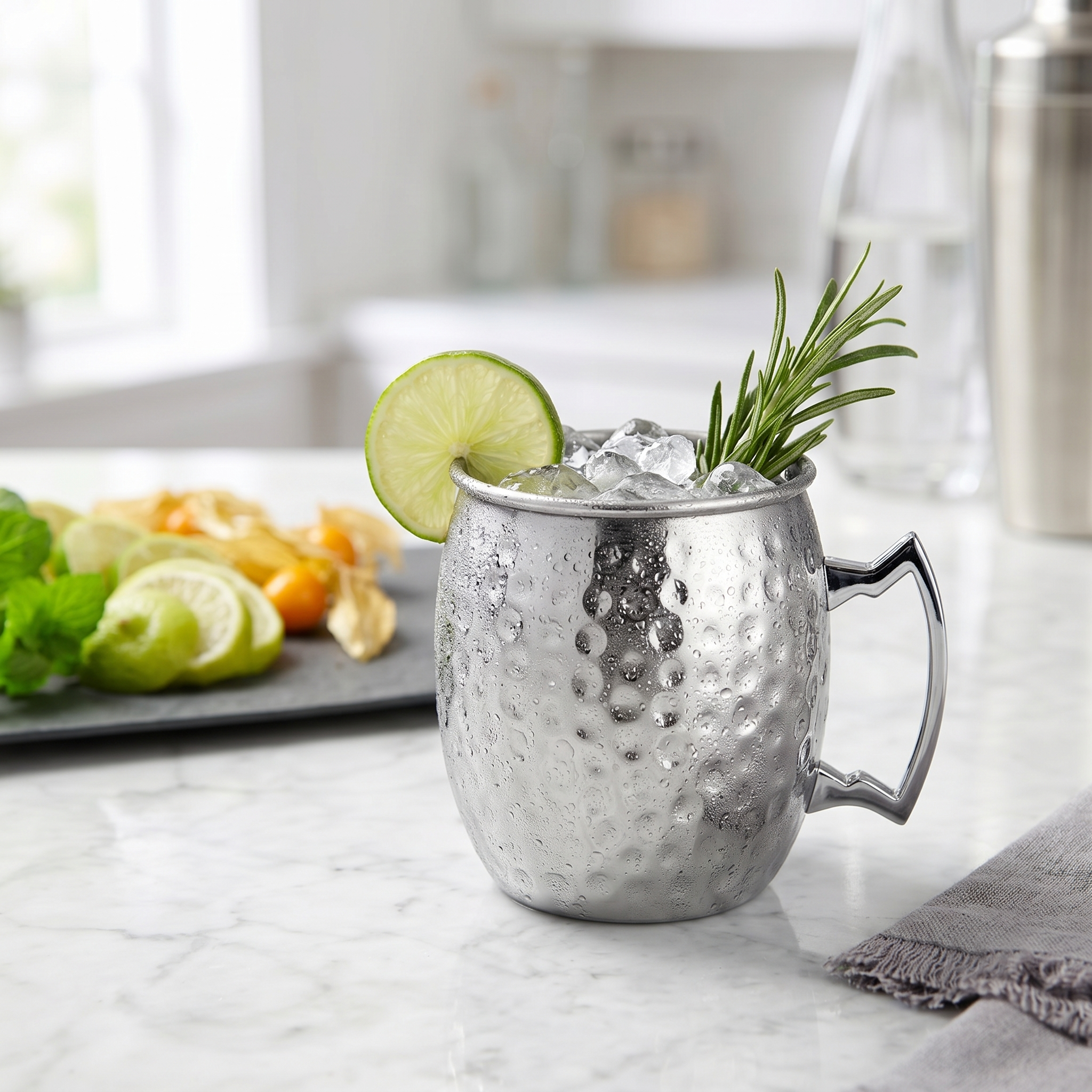 Silberner Moscow Mule Becher aus Edelstahl mit Limette
